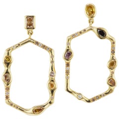 Debra Navarro Diamond and 18 Karat Yellow Gold Open Hexagon Dangle Drop Earrings