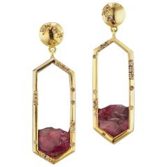 Debra Navarro Rough Tourmaline and Diamond 18 Karat Gold Dangle Hexagon Earrings
