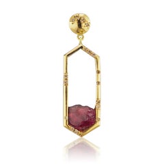 Debra Navarro Rough Tourmaline and Diamond 18 Karat Gold Dangle Hexagon Earrings