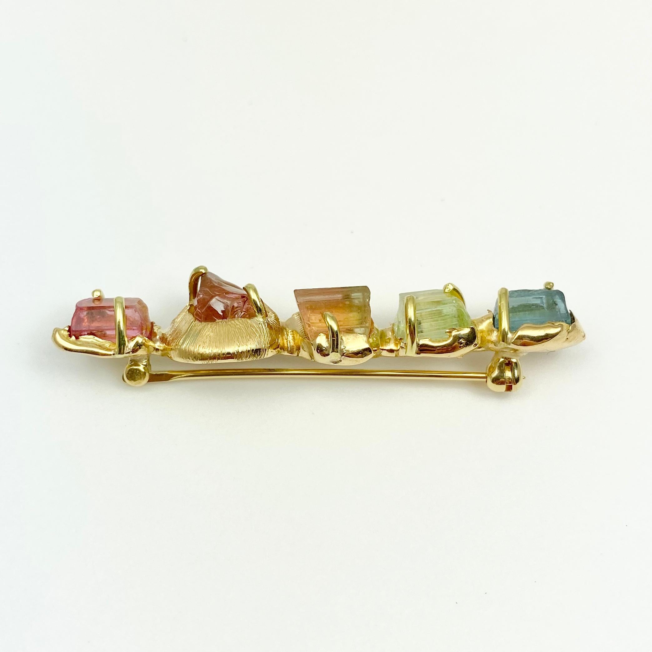 Debra Navarro Tourmaline and 18 Karat Gold Rainbow Lapel Pin Brooch 9.46 Carats In New Condition For Sale In Wichita, KS