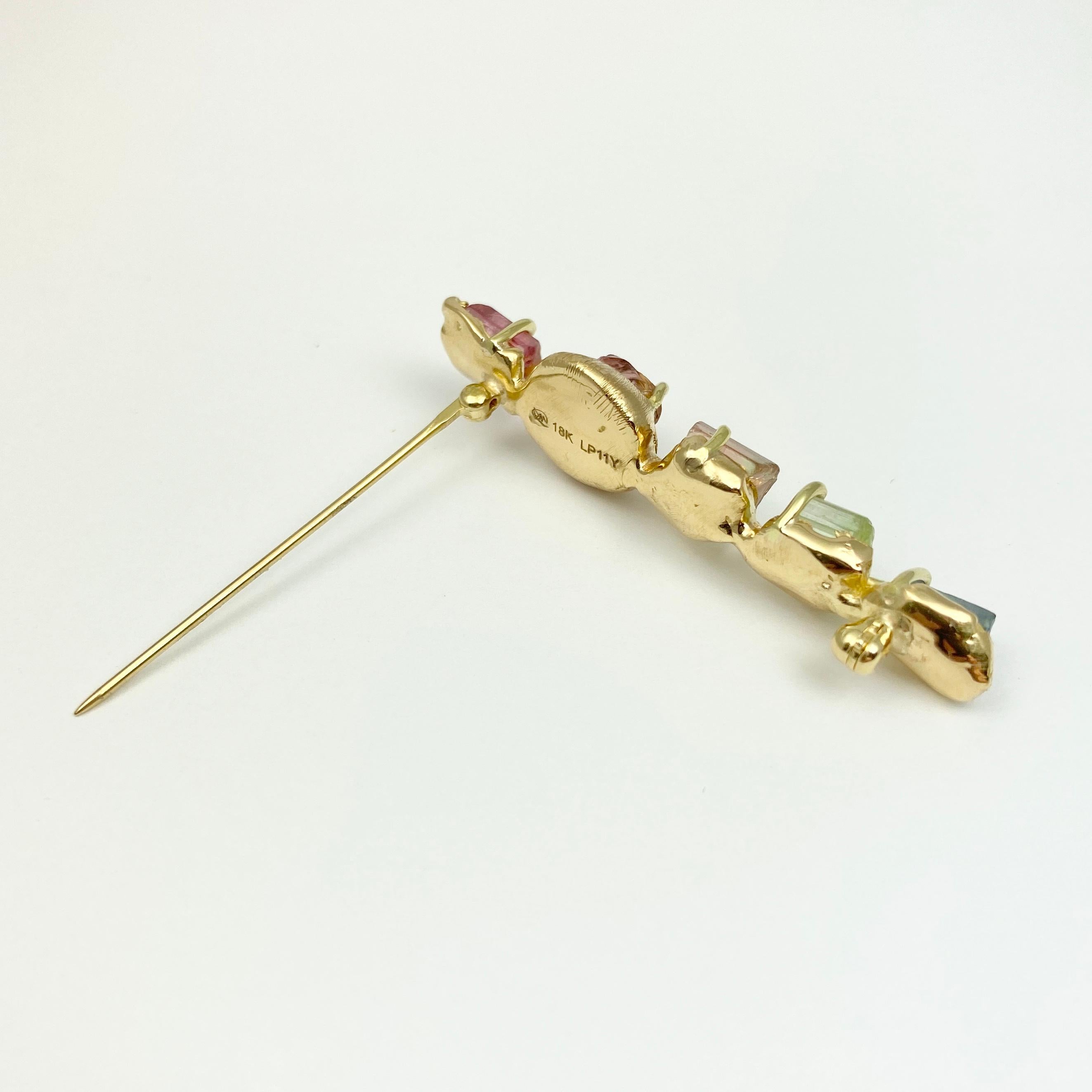 Debra Navarro Tourmaline and 18 Karat Gold Rainbow Lapel Pin Brooch 9.46 Carats For Sale 1