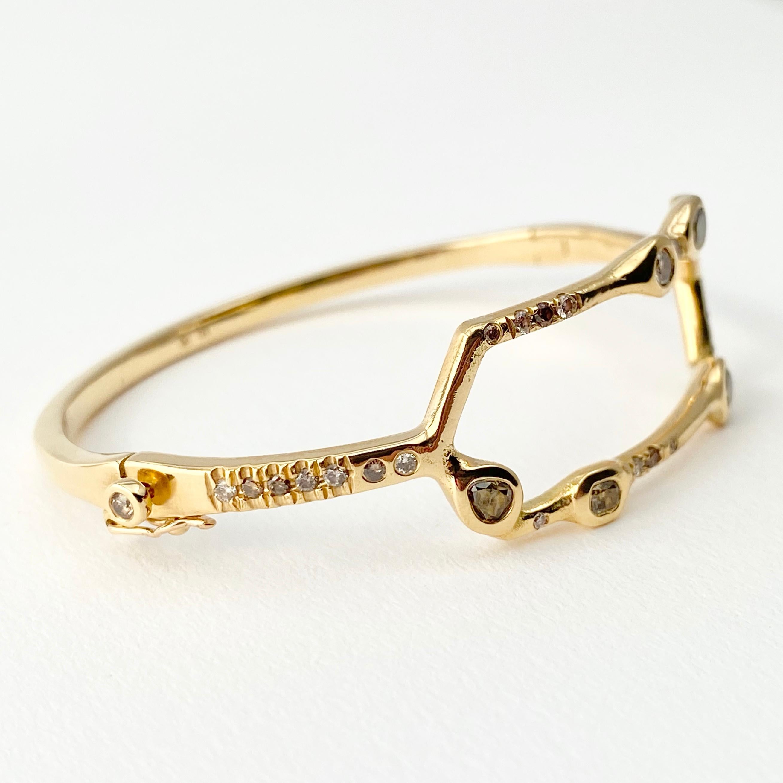 Artisan Debra Navarro Diamond and 18 Karat Yellow Gold Hexagon Hinged Bangle Bracelet For Sale