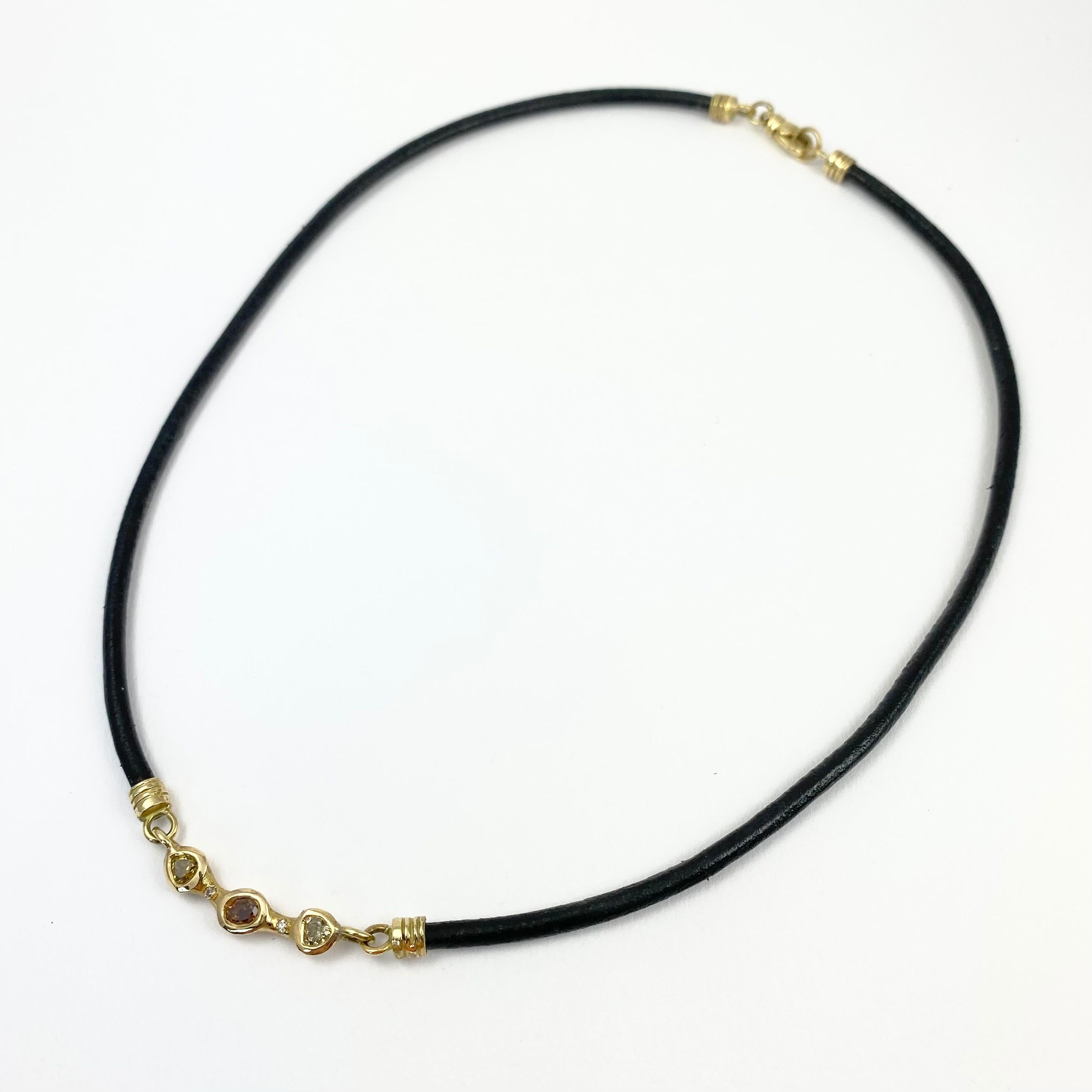 Artisan Debra Navarro Diamond and 18 Karat Gold Choker Necklace Black Leather Cords For Sale