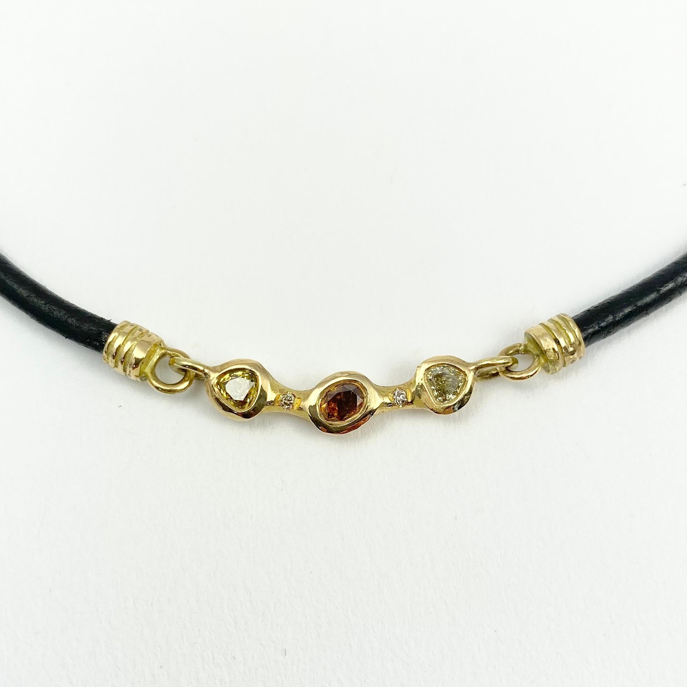 Pear Cut Debra Navarro Diamond and 18 Karat Gold Choker Necklace Black Leather Cords For Sale