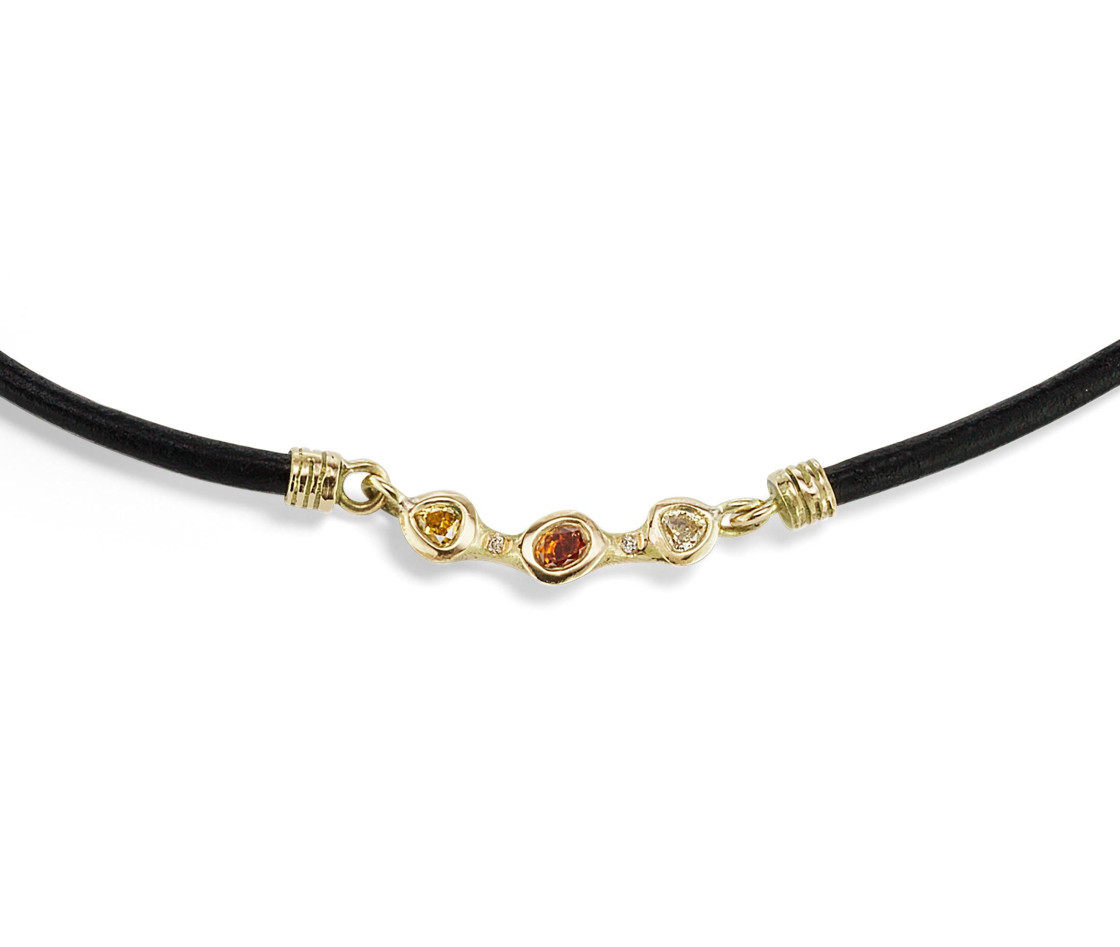 Debra Navarro Diamond and 18 Karat Gold Choker Necklace Black Leather Cords For Sale 1