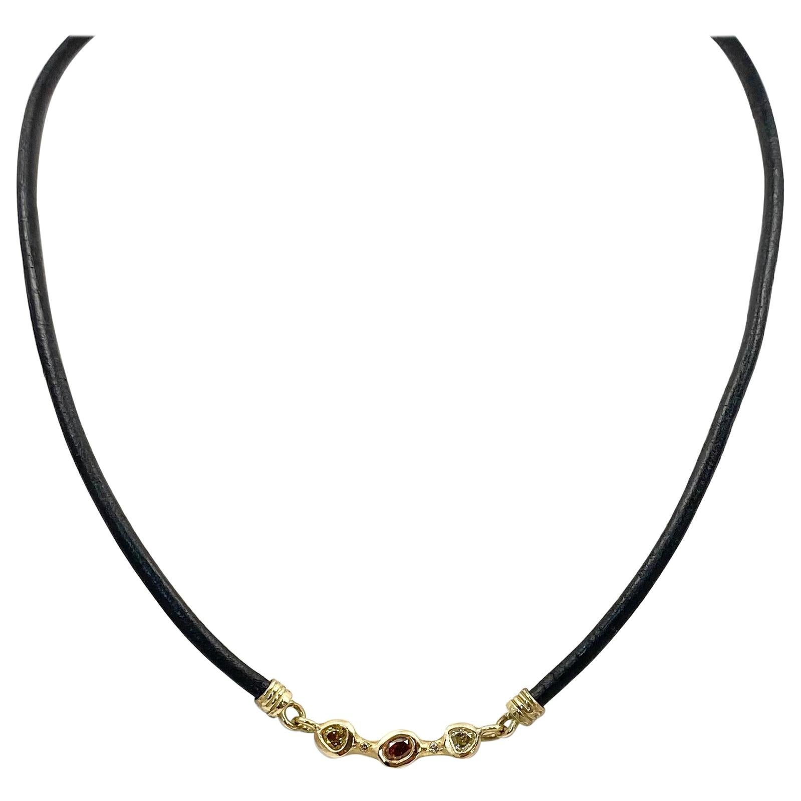 Debra Navarro Diamond and 18 Karat Gold Choker Necklace Black Leather Cords For Sale