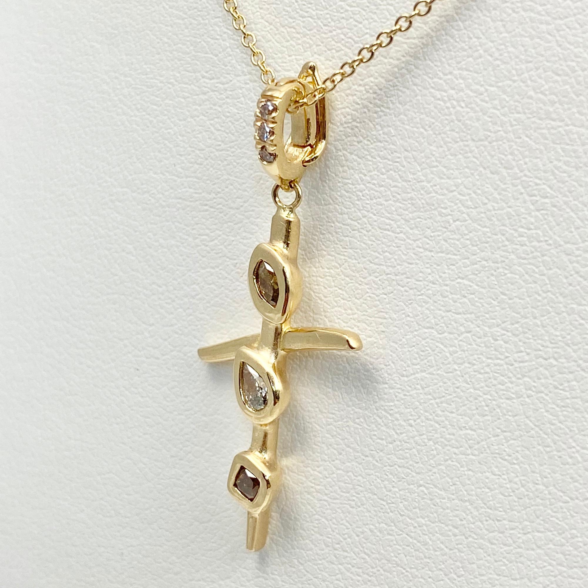 Artisan Debra Navarro Colored Diamond and 18 Karat Yellow Gold Cross Pendant Necklace For Sale