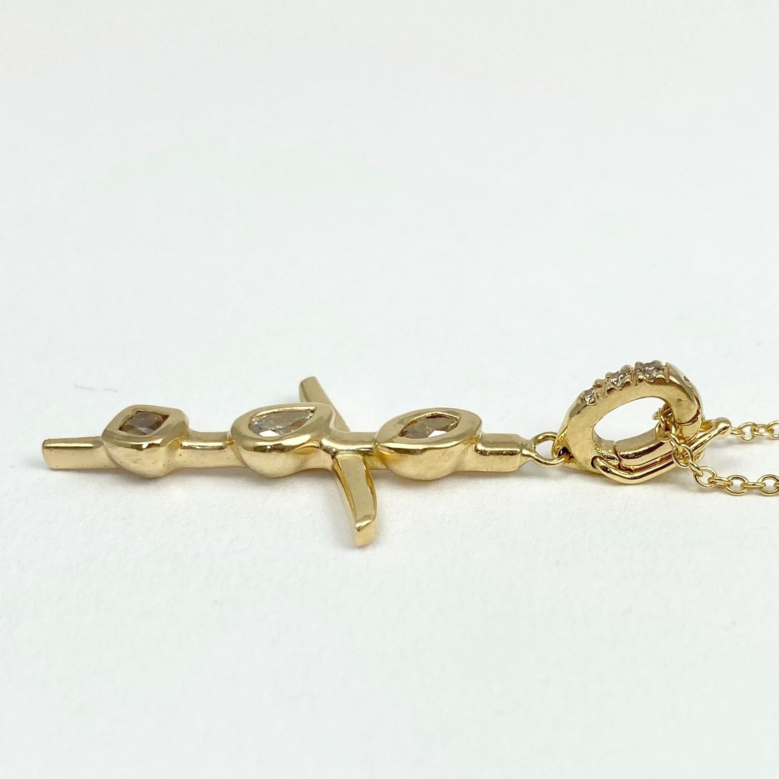 Pear Cut Debra Navarro Colored Diamond and 18 Karat Yellow Gold Cross Pendant Necklace For Sale