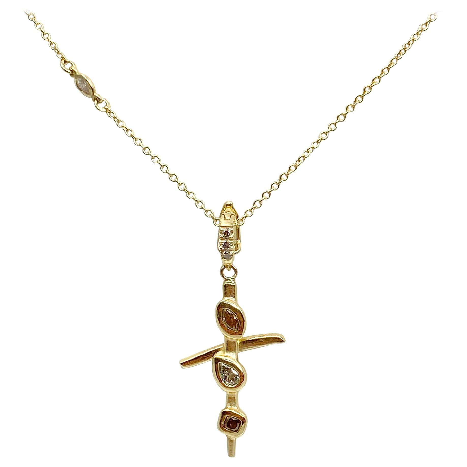 Debra Navarro Colored Diamond and 18 Karat Yellow Gold Cross Pendant Necklace For Sale