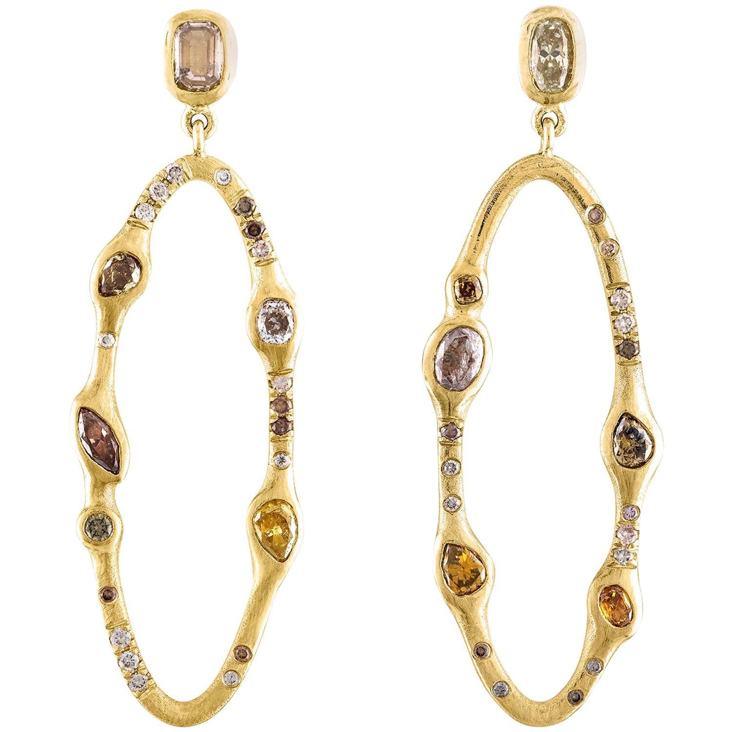 Debra Navarro Diamond and 18 Karat Yellow Gold Open Oval Large Dangle Earrings For Sale