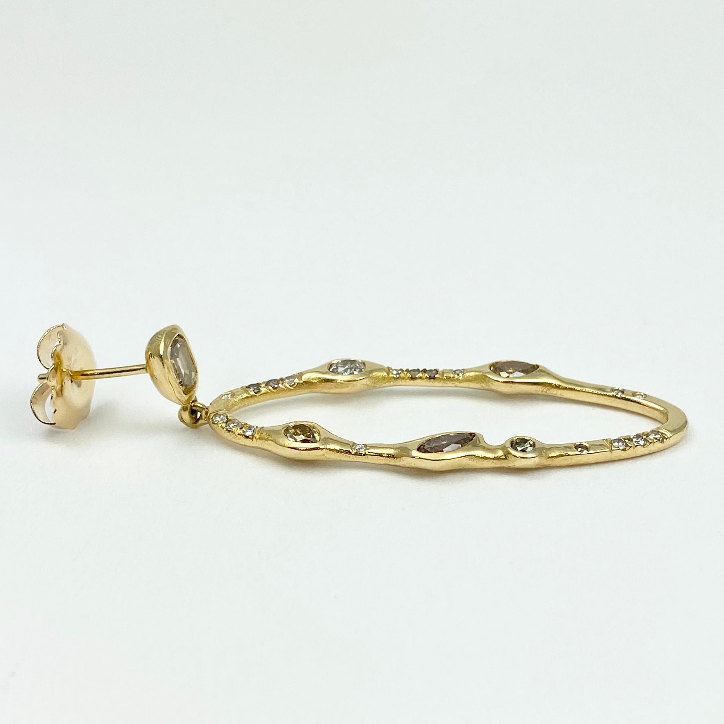 Artisan Debra Navarro Diamond and 18 Karat Yellow Gold Open Oval Large Dangle Earrings For Sale