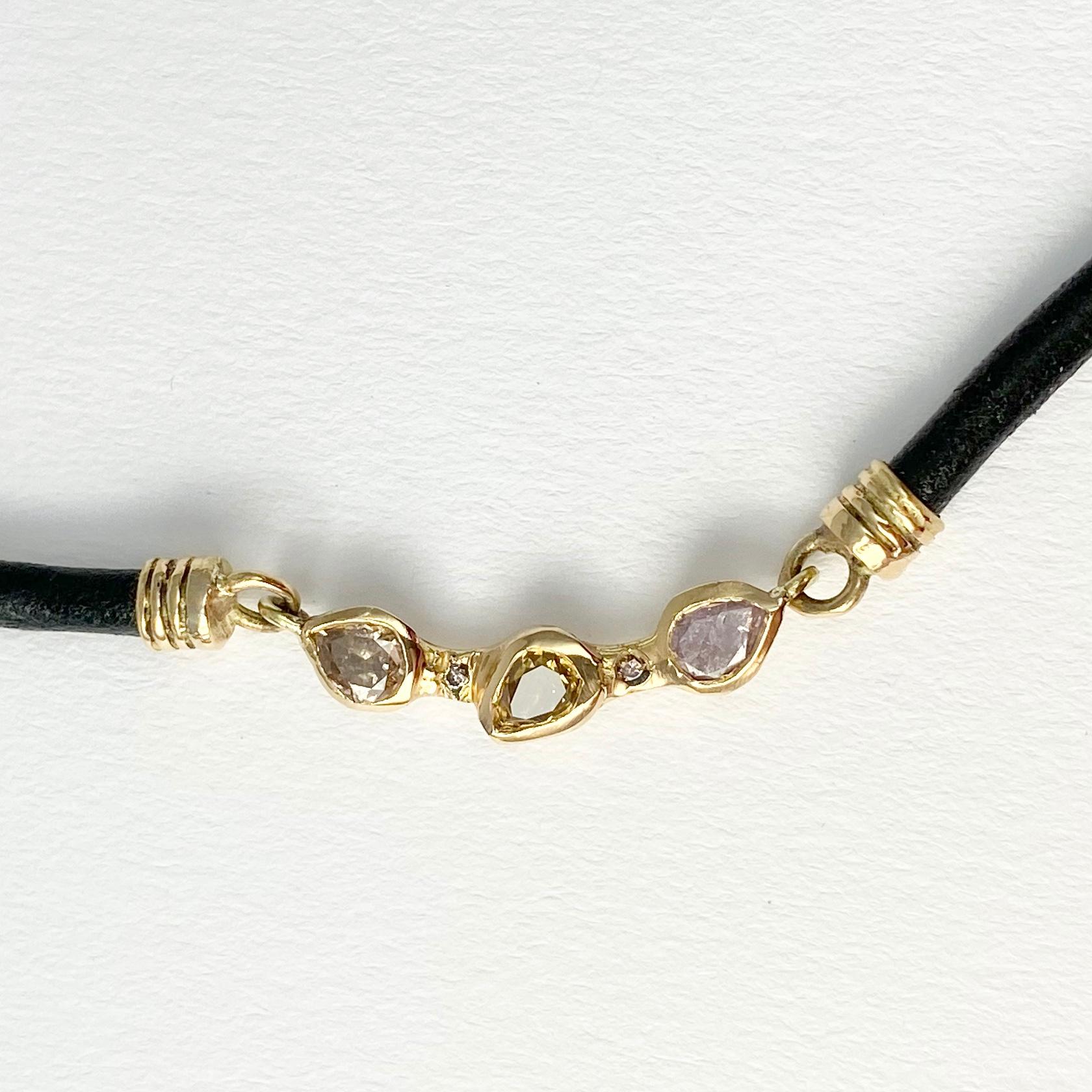 Artisan Debra Navarro Diamond and 18 Karat Yellow Gold Necklace with Black Leather Cord For Sale