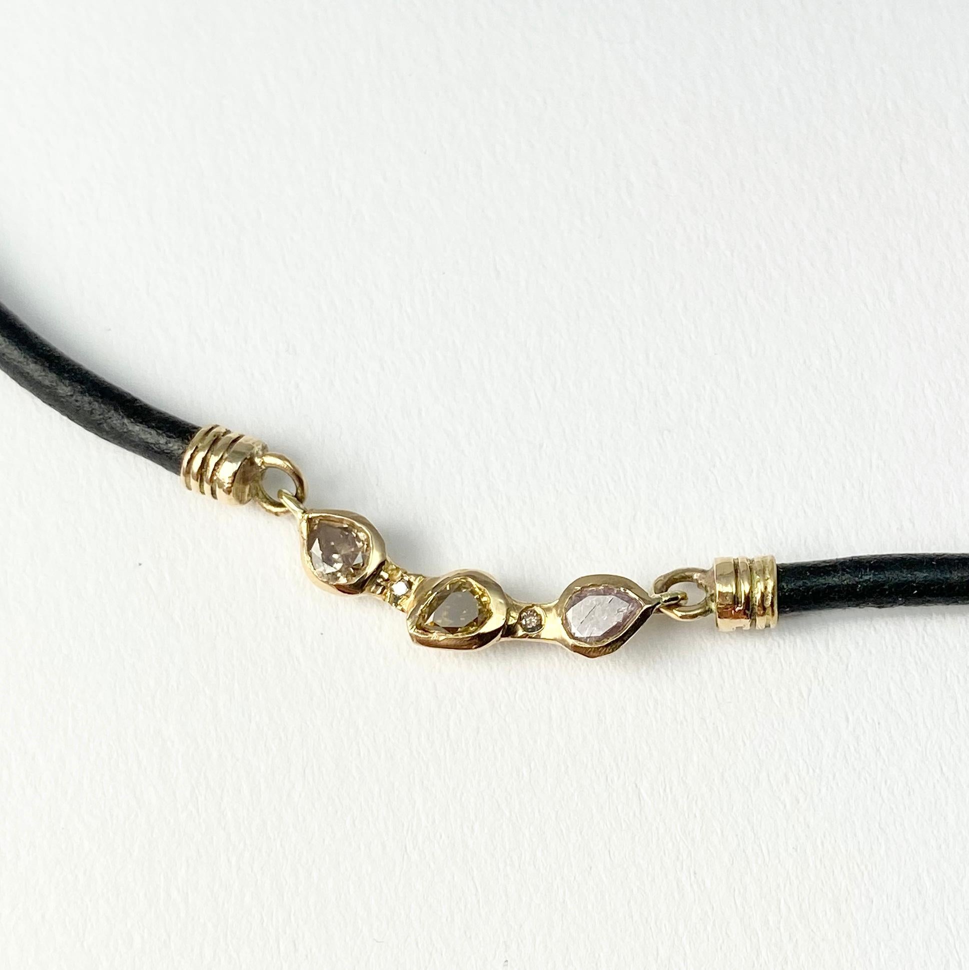 Pear Cut Debra Navarro Diamond and 18 Karat Yellow Gold Necklace with Black Leather Cord For Sale