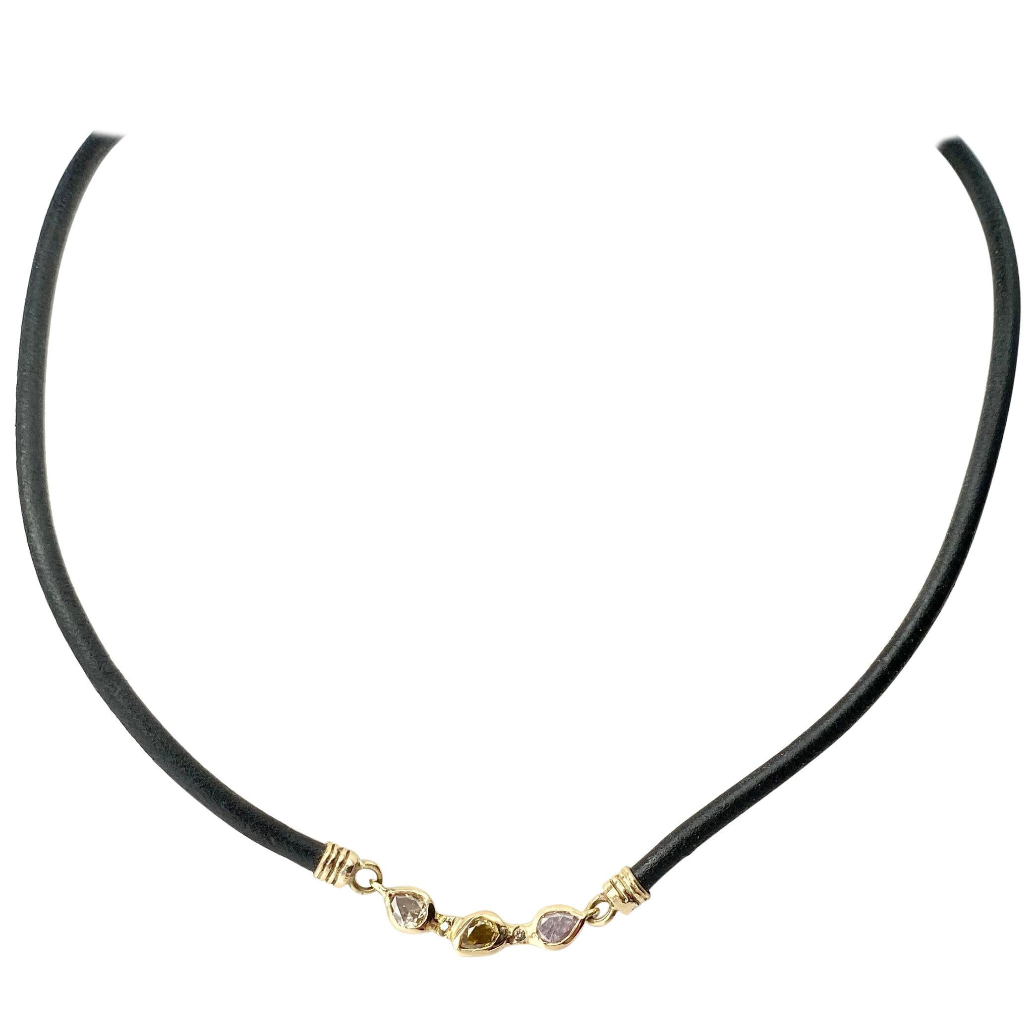Debra Navarro Diamond and 18 Karat Yellow Gold Necklace with Black Leather Cord For Sale
