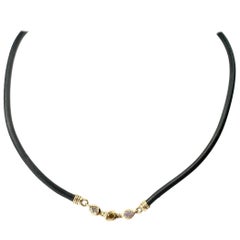 Debra Navarro Diamond and 18 Karat Yellow Gold Necklace with Black Leather Cord