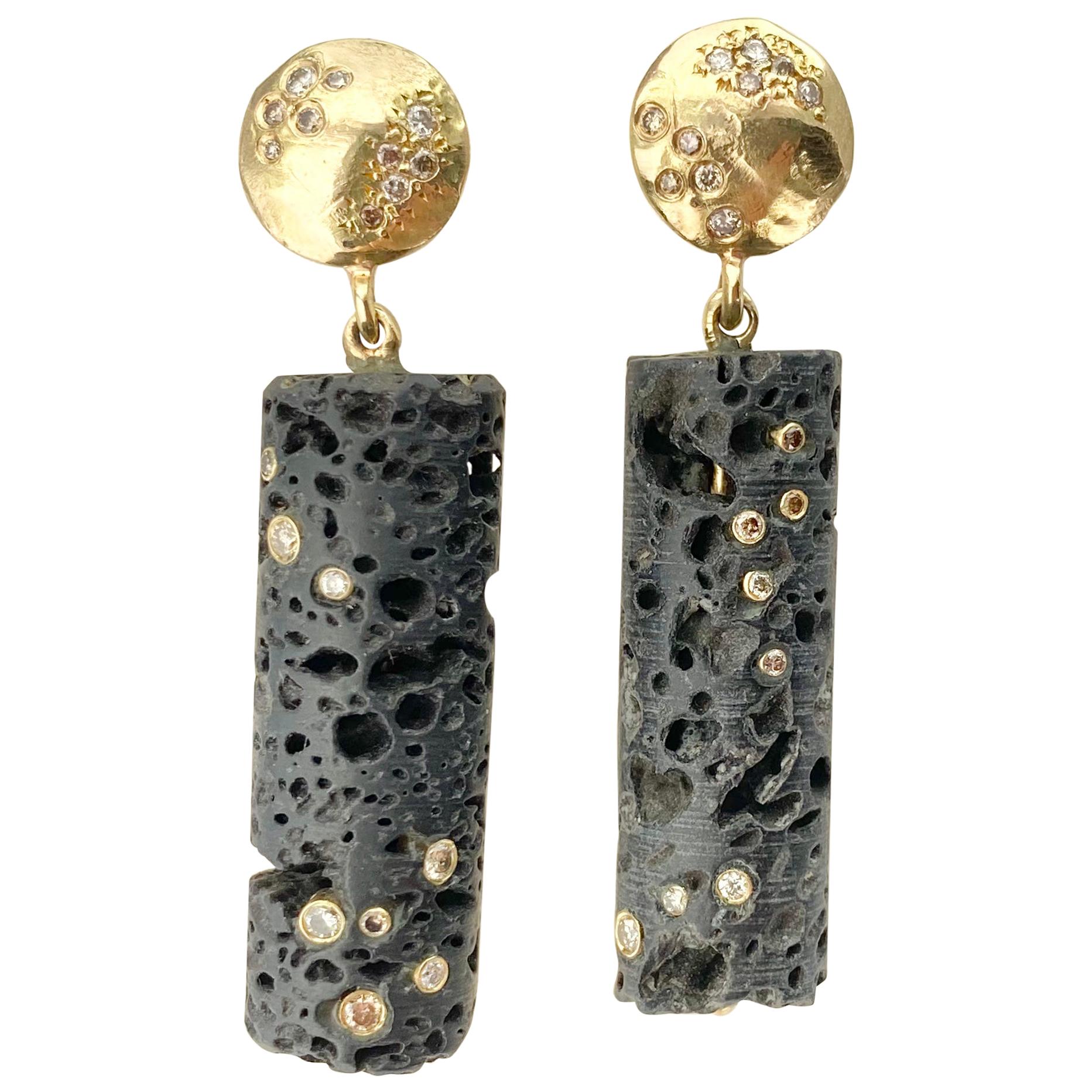 Debra Navarro Lava Bead and Diamond 18 Karat Yellow Gold Drop Dangle Earrings For Sale