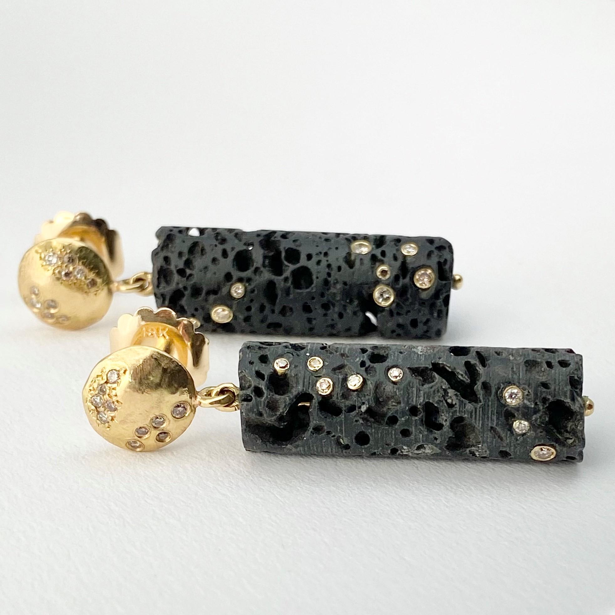Artisan Debra Navarro Lava Bead and Diamond 18 Karat Yellow Gold Drop Dangle Earrings For Sale