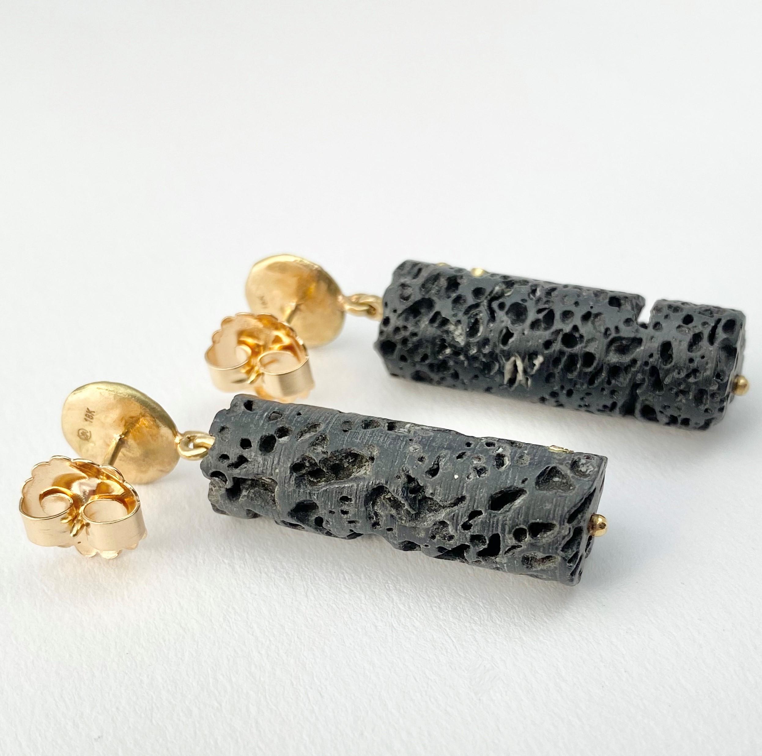 Round Cut Debra Navarro Lava Bead and Diamond 18 Karat Yellow Gold Drop Dangle Earrings For Sale