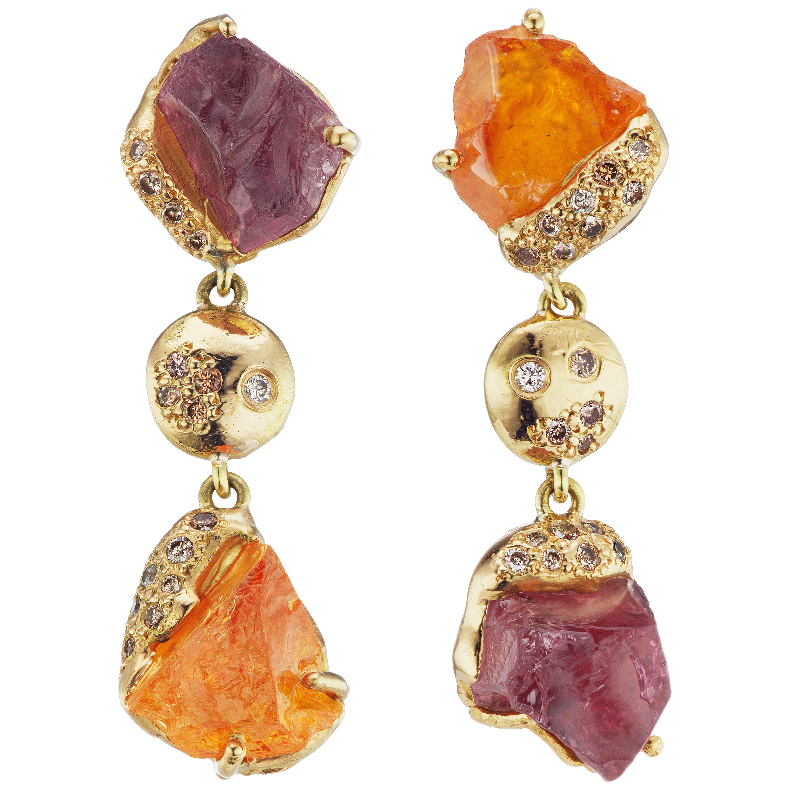 Debra Navarro Garnet Tourmaline and Diamond 18 Karat Yellow Gold Dangle Earrings For Sale