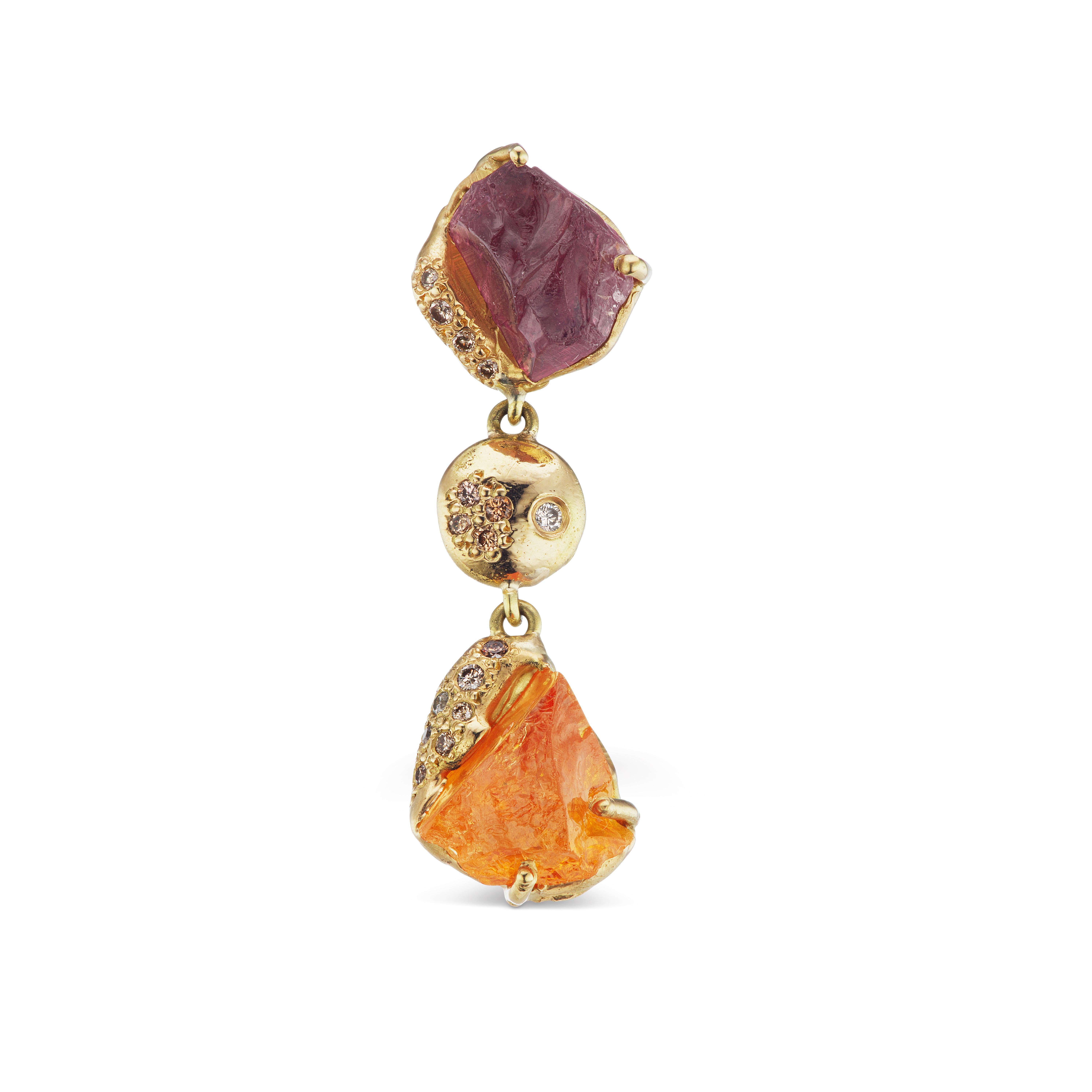 The one-of-a-kind Rachel earrings are hand-crafted in 18-karat recycled yellow gold, and feature two untreated, Tenda Cut, natural color orange spessartine garnet (also called spessartite); two untreated, Tenda cut, natural color pink tourmaline;