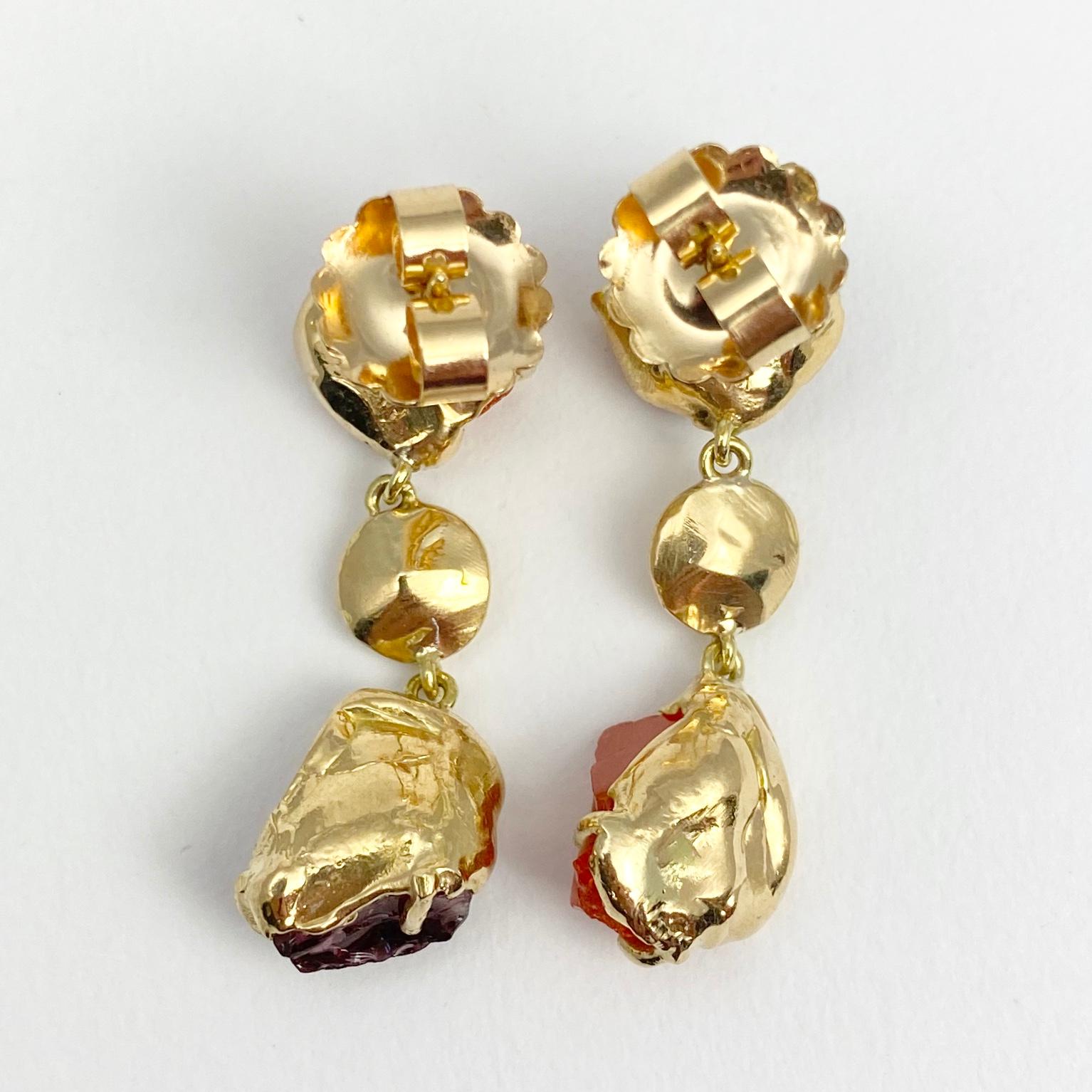 Rough Cut Debra Navarro Garnet Tourmaline and Diamond 18 Karat Yellow Gold Dangle Earrings For Sale