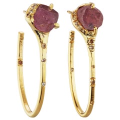 Debra Navarro Pink Malaya Garnet and Diamond 18 Karat Gold Hoop Earrings