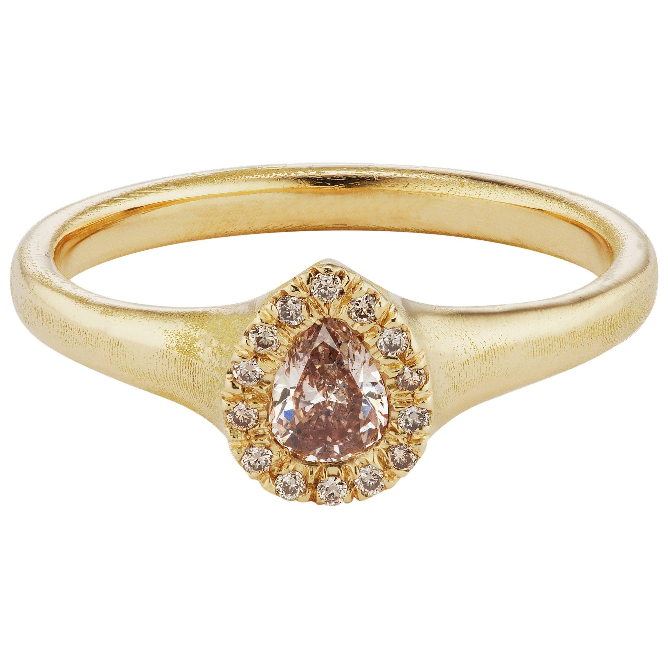 Debra Navarro Pear Diamond and 18 Karat Yellow Gold Halo Ring Signet Engagement For Sale