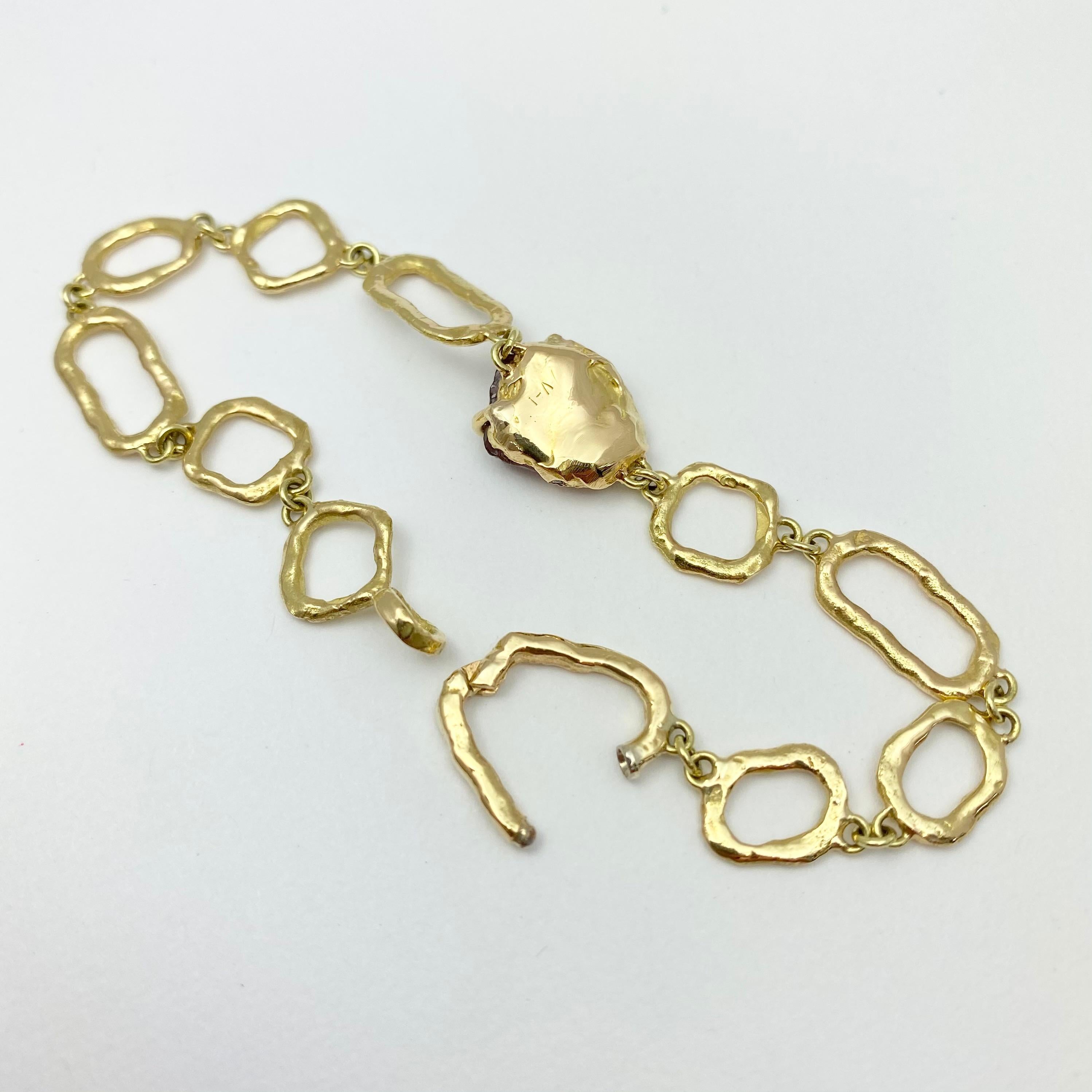 Artisan Debra Navarro Pink Tourmaline and Diamond 18 Karat Yellow Gold Link Bracelet For Sale