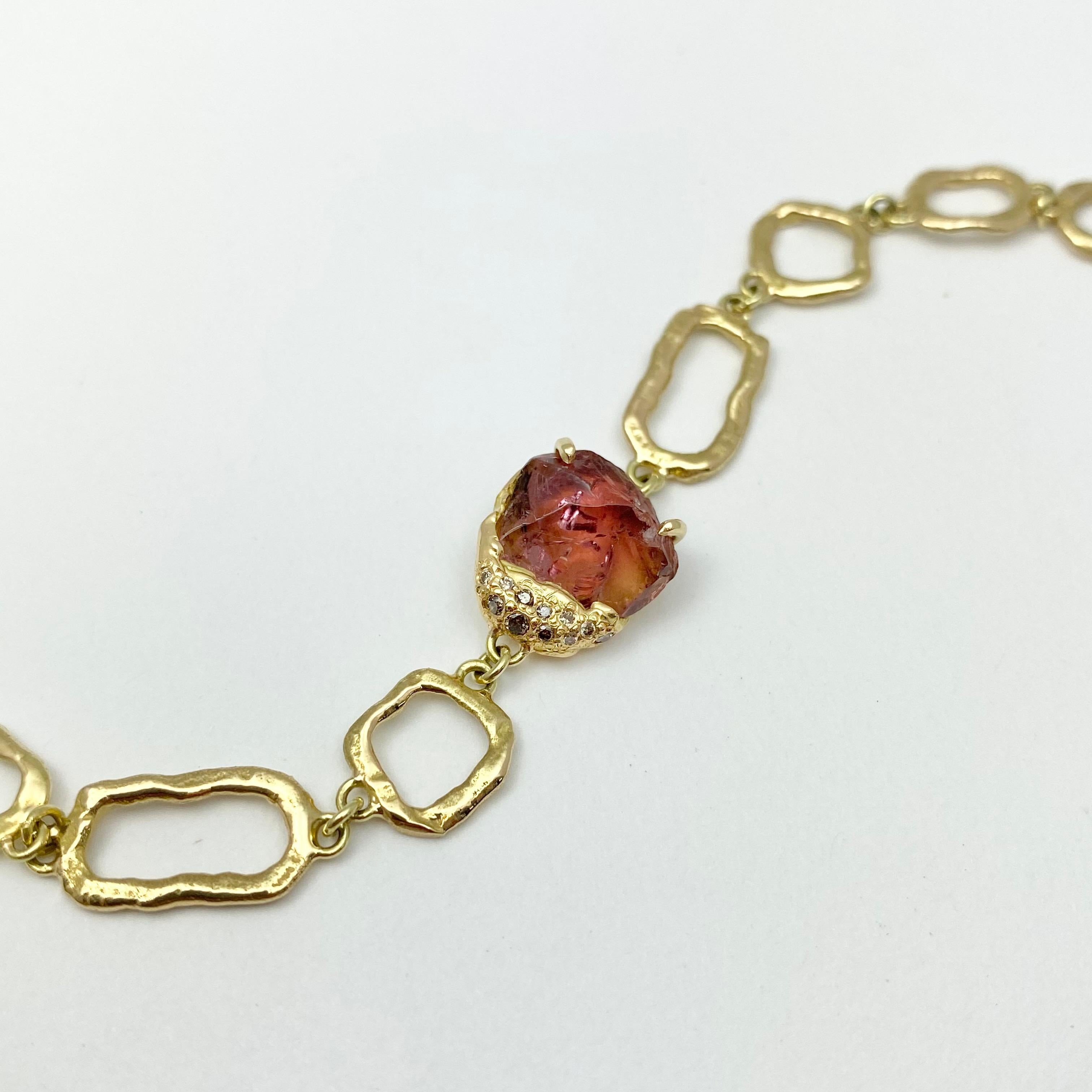 Rough Cut Debra Navarro Pink Tourmaline and Diamond 18 Karat Yellow Gold Link Bracelet For Sale