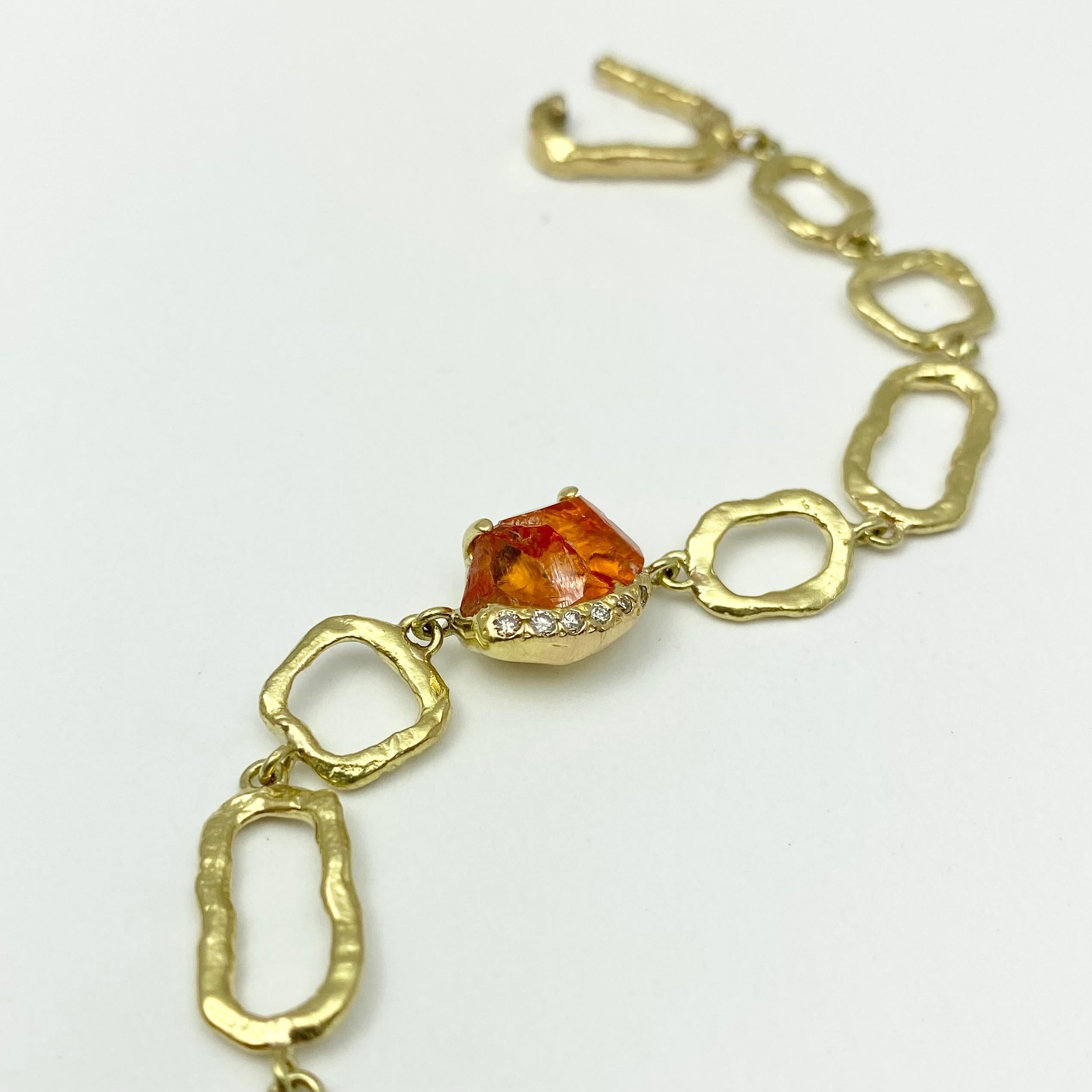 Rough Cut Debra Navarro Orange Garnet and Diamond 18 Karat Yellow Gold Link Bracelet For Sale