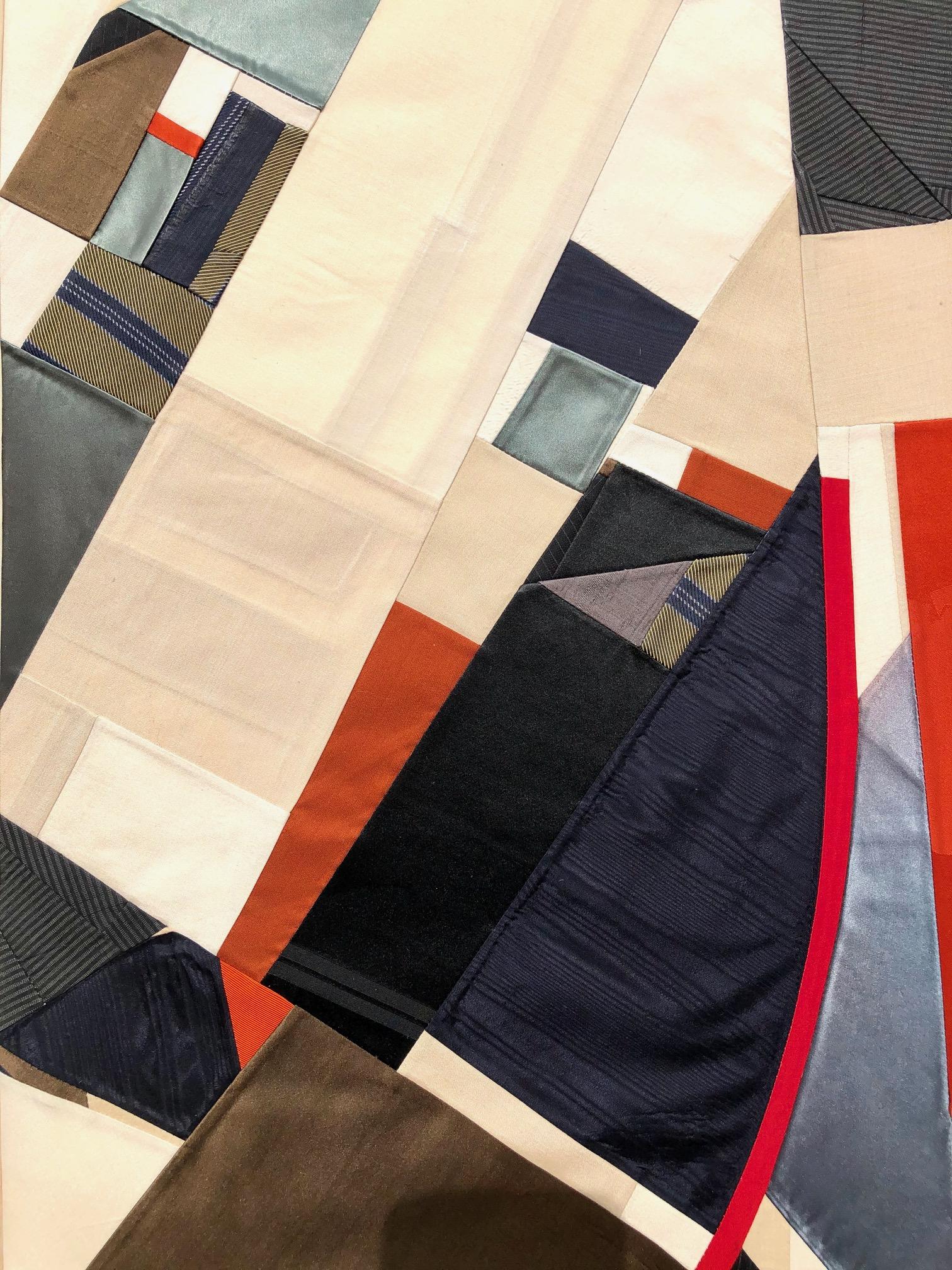 Debra Smith
Looking Back-Transition of Two #5, 2020
pieced vintage silk
38 x 20 in.
(smi107)

This large abstract textile collage by Debra Smith features bold patterns in red, black, and white silk.  It is currently available at Kathryn Markel Fine