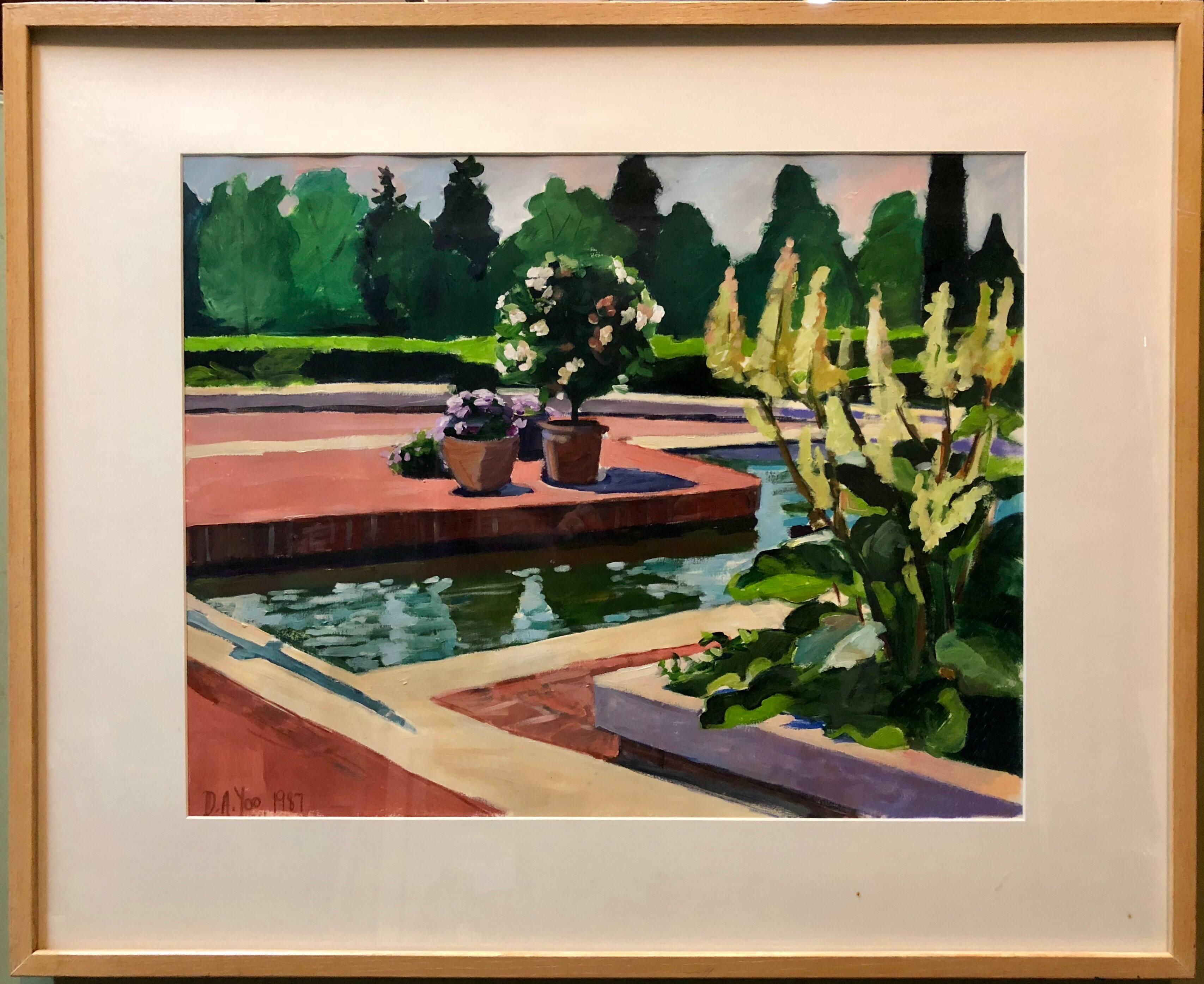 Jardin botanique II, peinture à l'huile moderniste - Pool With Flowers and Garden - Painting de Debra Yoo