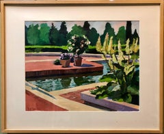 Botanic Garden II, Modernist Oil Painting Pool With Flowers and Garden