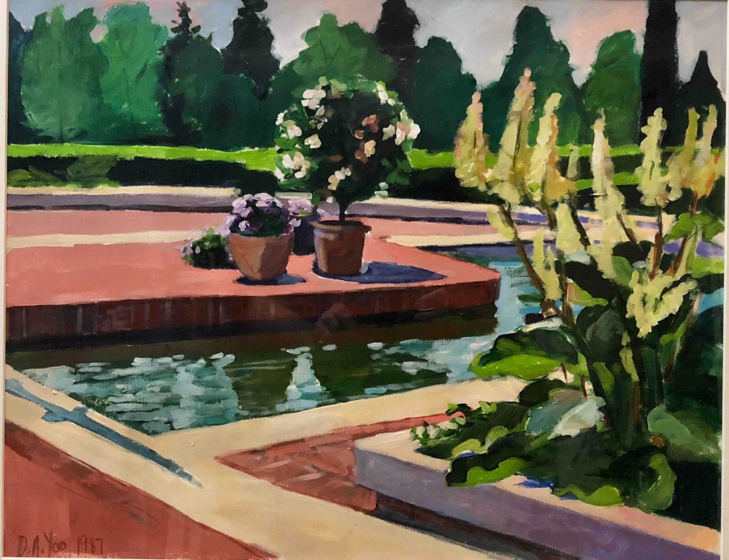 Landscape Painting Debra Yoo - Jardin botanique II, peinture à l'huile moderniste - Pool With Flowers and Garden