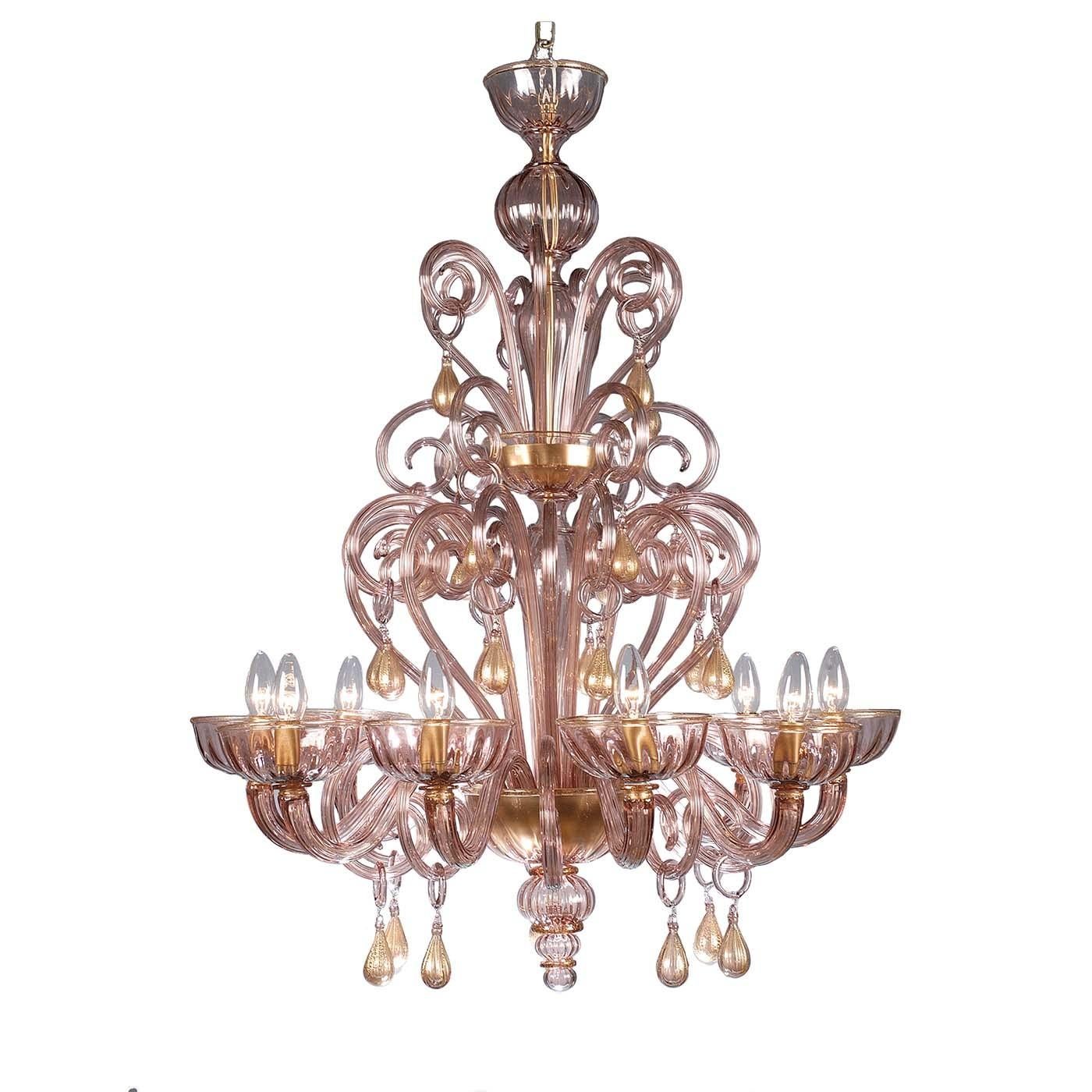 This striking Venetian chandelier is made by master glass blower Roberto Beltrami on the island of Murano in Venice. Alternating between amethyst and amber, this wonderful piece is a sophisticated addition to your decor.
 