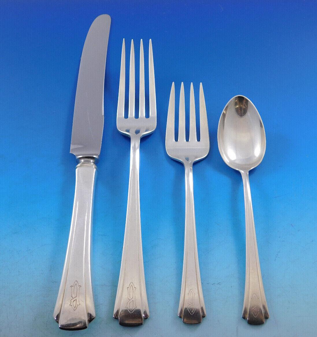 Debutante by Richard Dimes Sterling Silver Flatware Set 104 pcs B Monogram Deco In Excellent Condition For Sale In Big Bend, WI