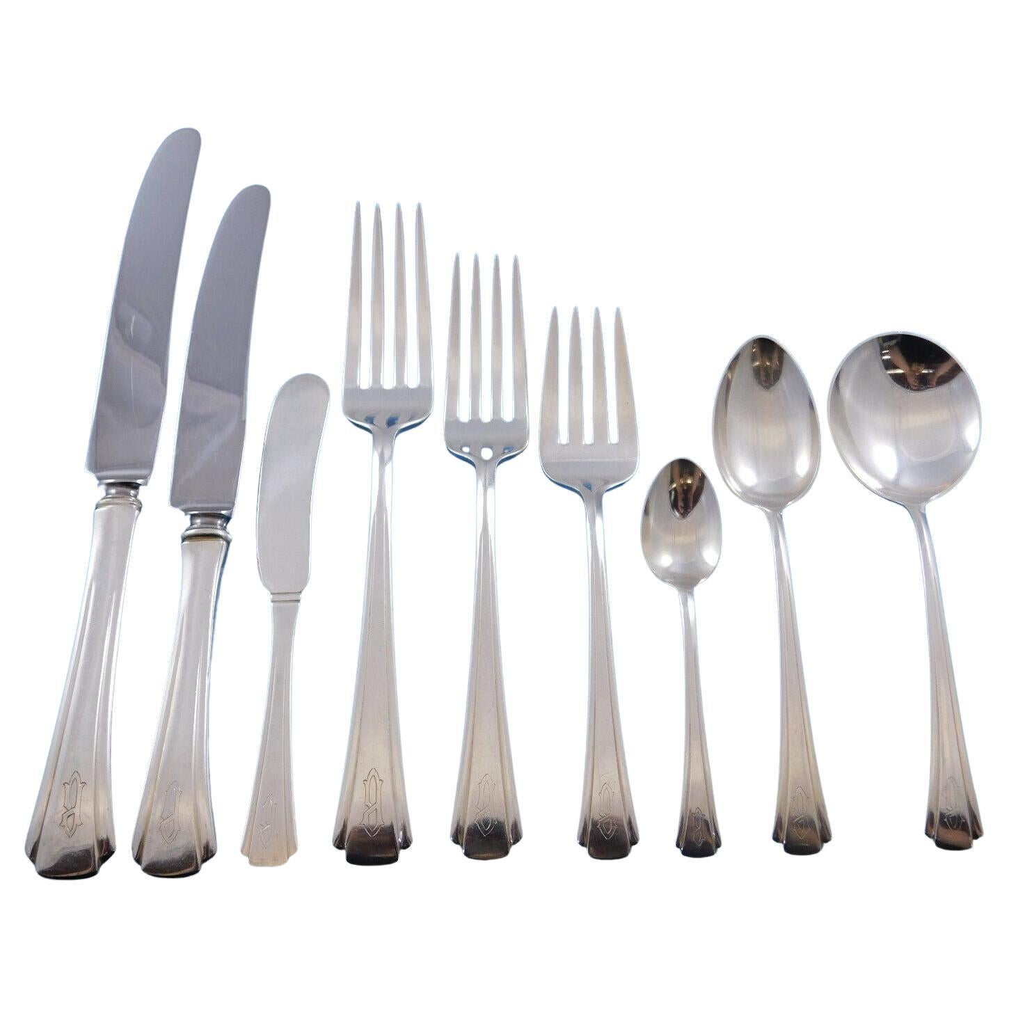 Debutante by Richard Dimes Sterling Silver Flatware Set 104 pcs B Monogram Deco For Sale