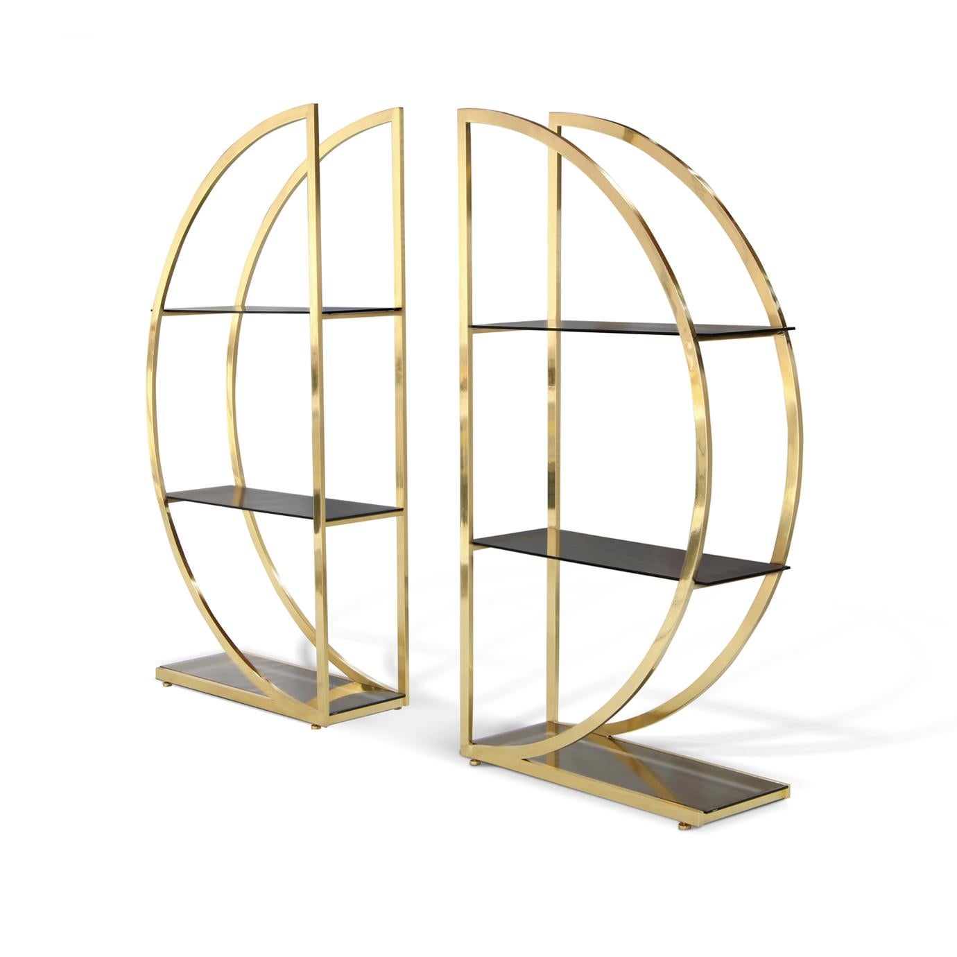 Indulge in the opulent essence of Art Deco design with the Decadence Bookcase. Two ornate metal semi-circles are joined in a glamourous union by sleek glass shelves and her backless design allows for the perfect canvas to store your simple pleasures.