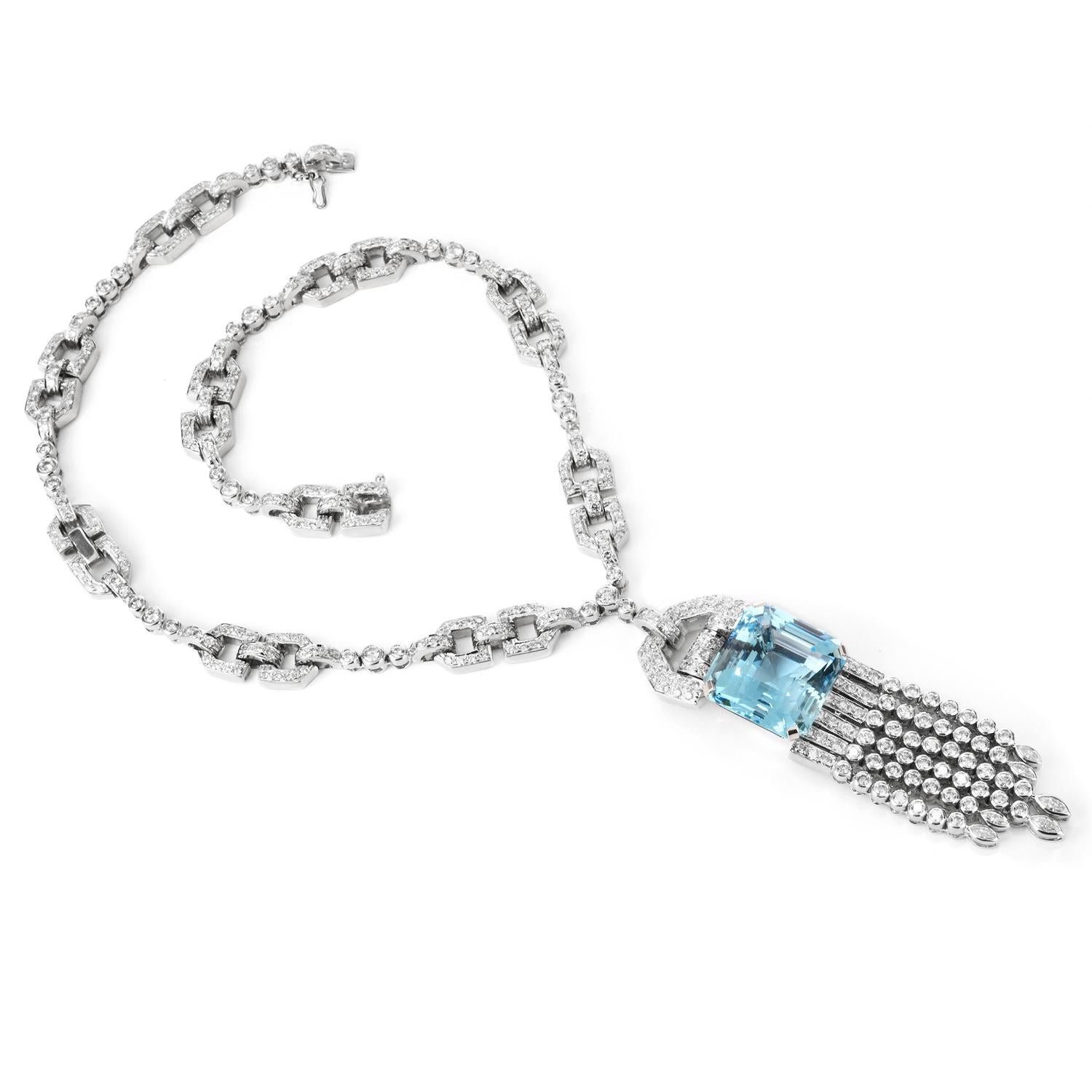 Art Deco Decadent 11.21 Carat Diamond Asscher Aquamarine Chandelier 18K Choker Necklace