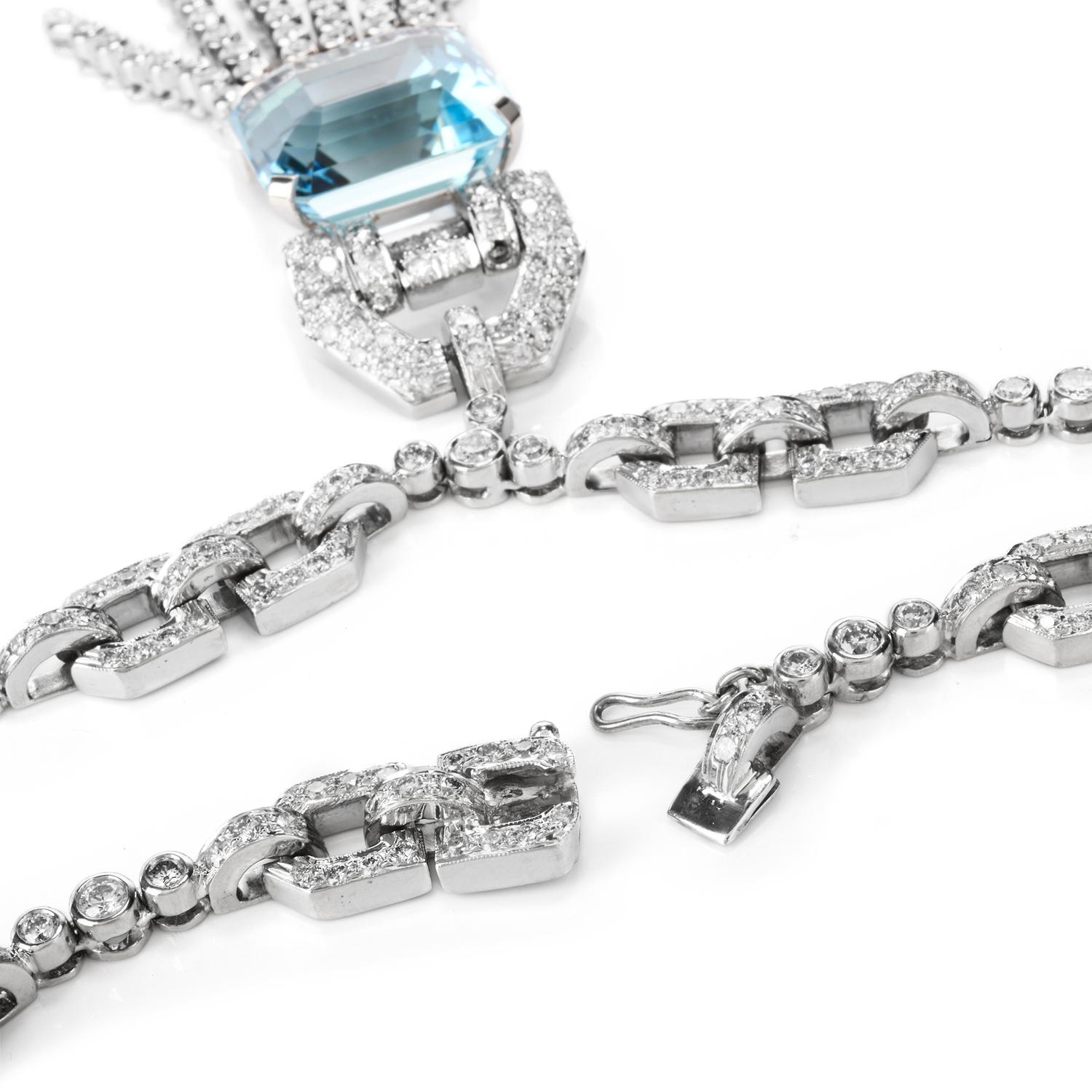 Women's Decadent 11.21 Carat Diamond Asscher Aquamarine Chandelier 18K Choker Necklace