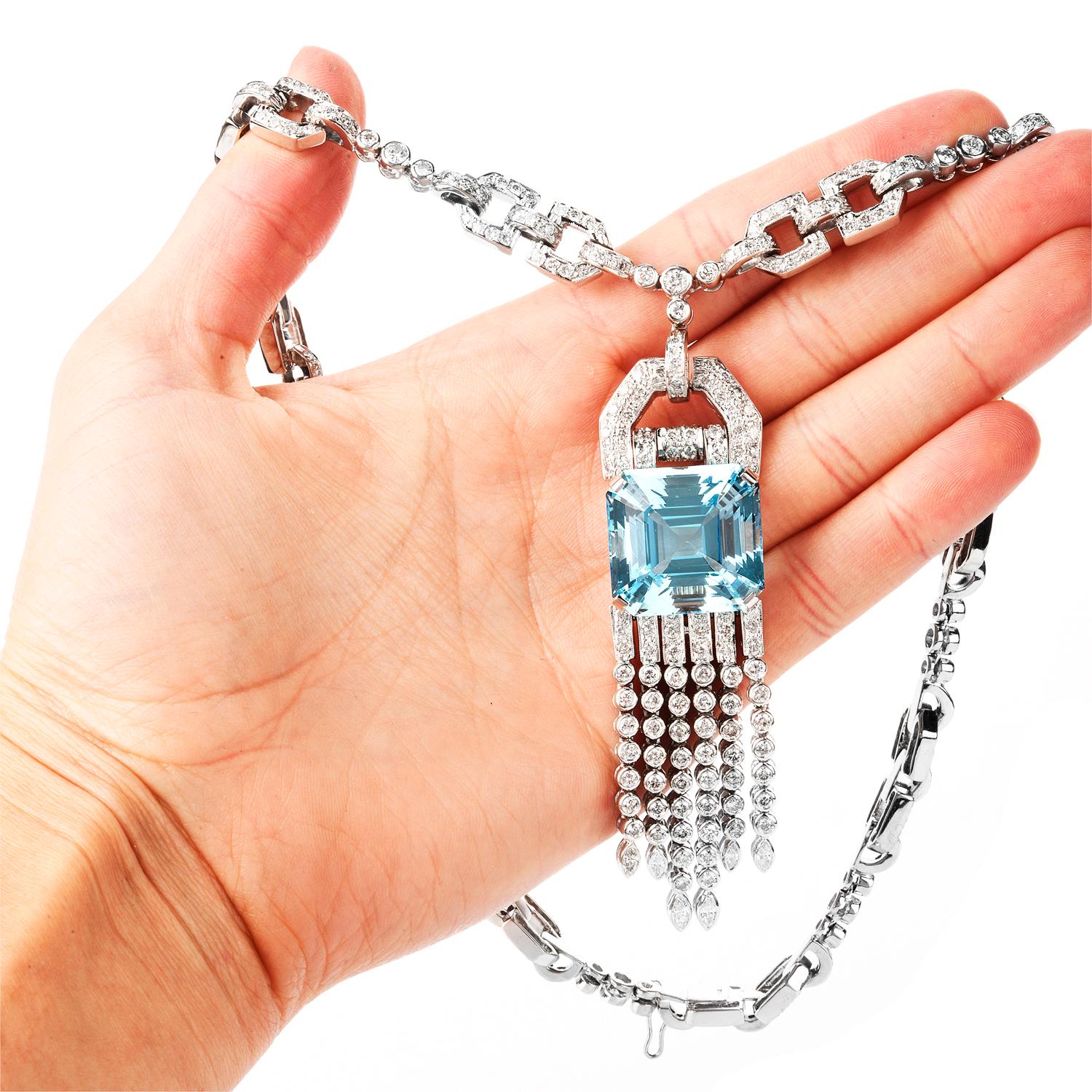 Decadent 11.21 Carat Diamond Asscher Aquamarine Chandelier 18K Choker Necklace 1