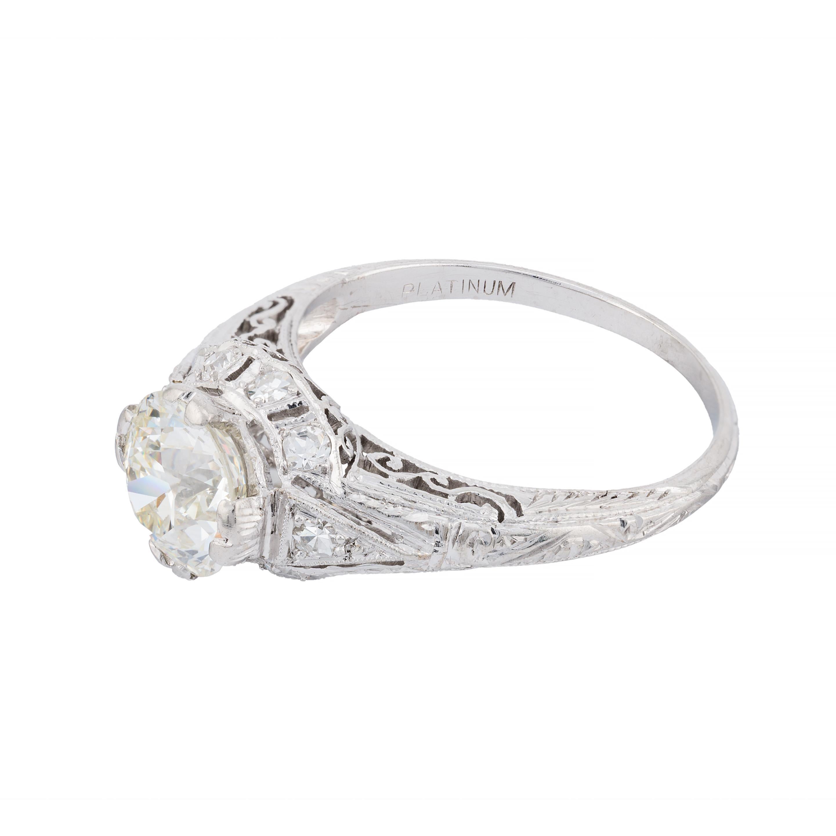 Decadent Art Deco 1.92CTW European Cut Diamond Engagement Ring in Platinum In Excellent Condition For Sale In Boston, MA
