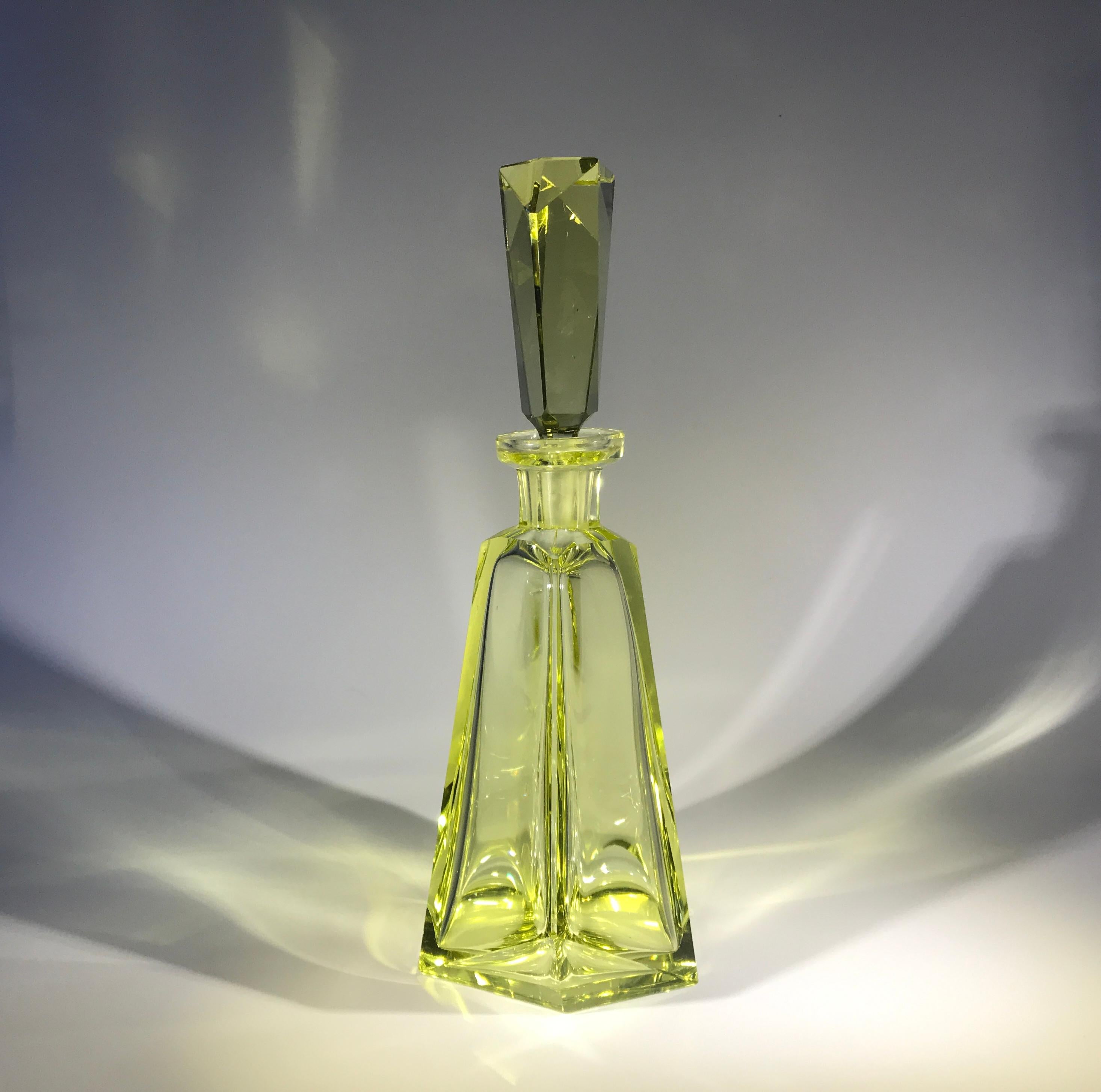 Polished Decadent Art Deco Vogue, Faceted Chartreuse Czech Crystal Decanter