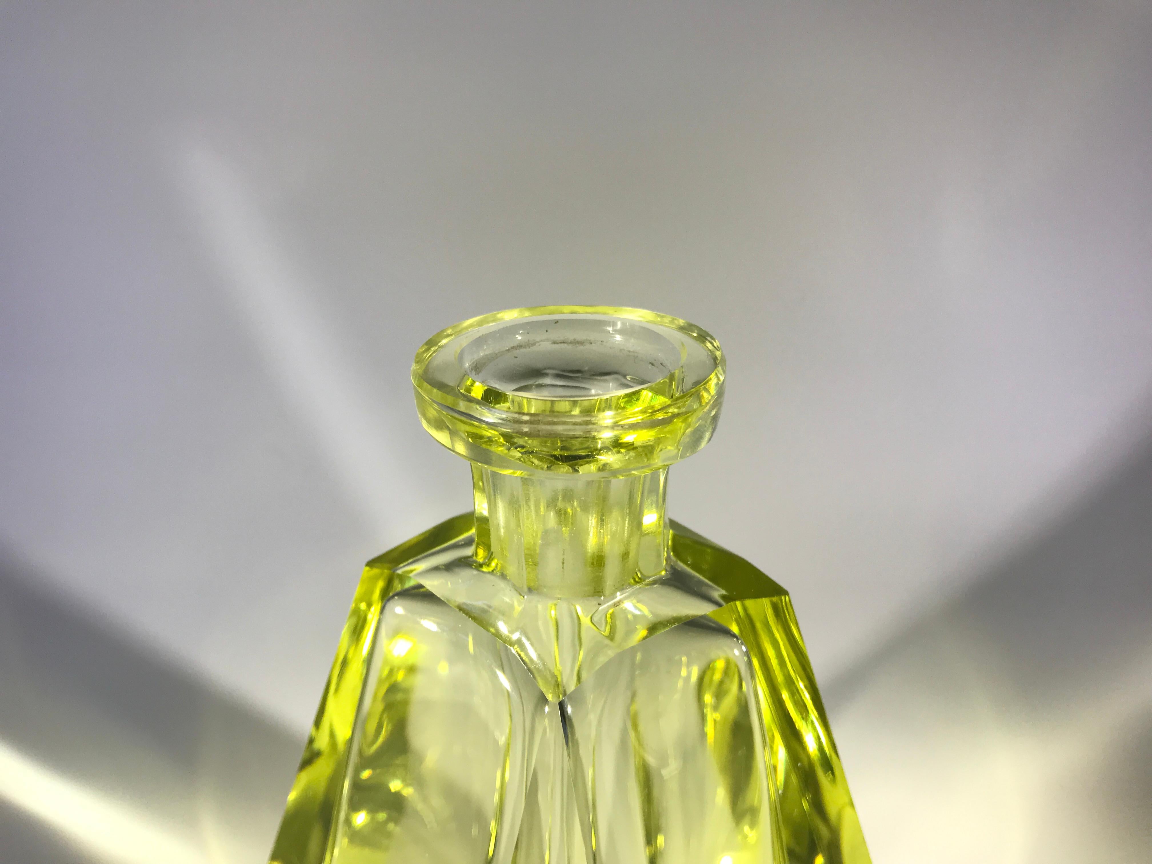 Decadent Art Deco Vogue, Faceted Chartreuse Czech Crystal Decanter 1