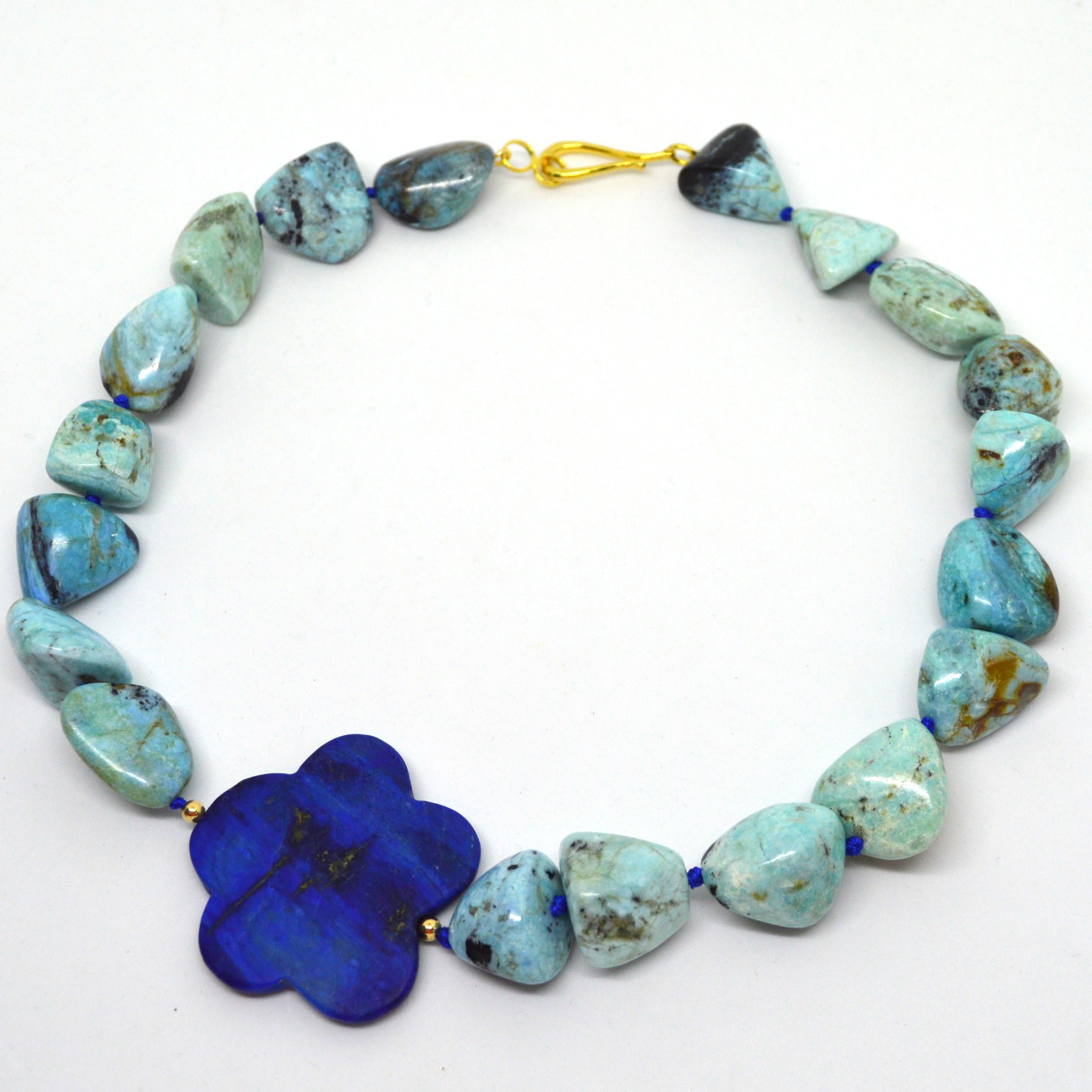 Artisan Decadent Jewels African Blue Opal Lapis Lazuli Gold Necklace