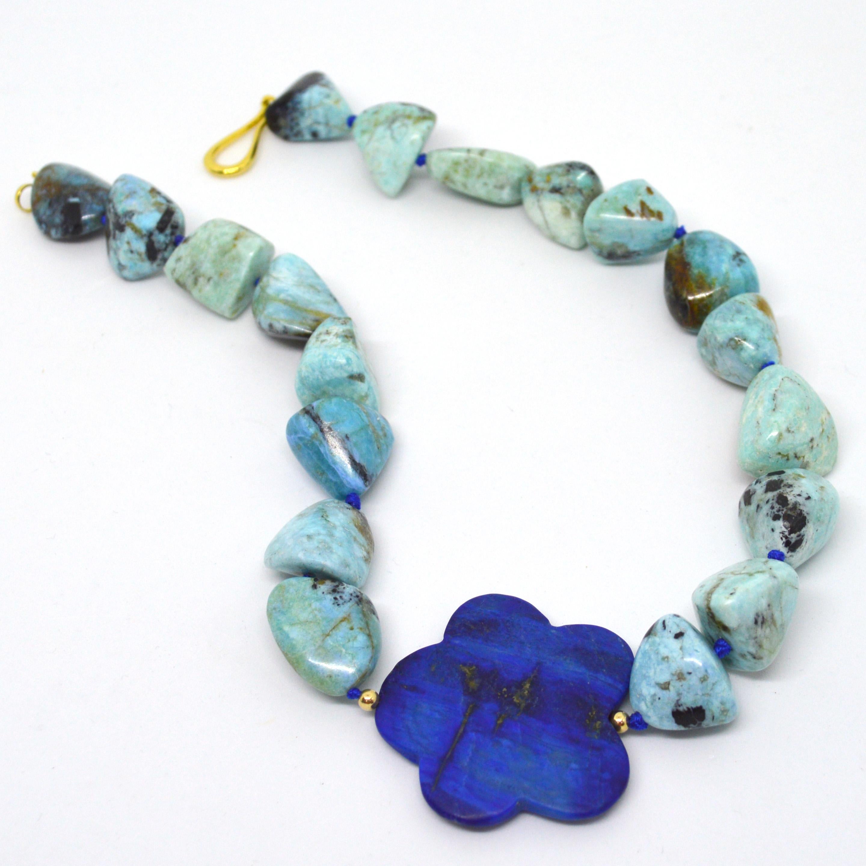 Decadent Jewels African Blue Opal Lapis Lazuli Gold Necklace In New Condition In Sydney, AU