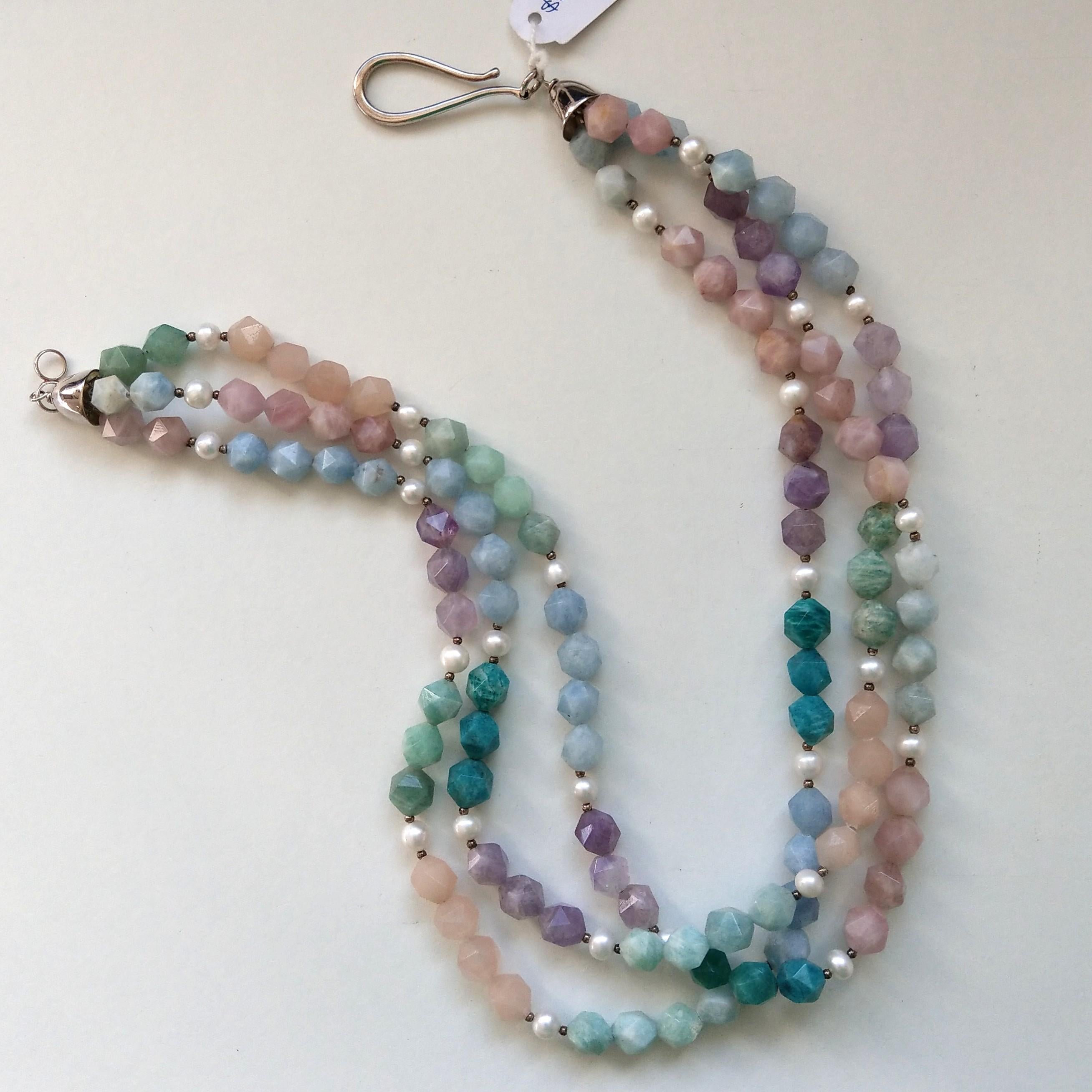 Modern Decadent Jewels Amazonite Morganite Blue Lace Amethyst Pearl Silver Necklace