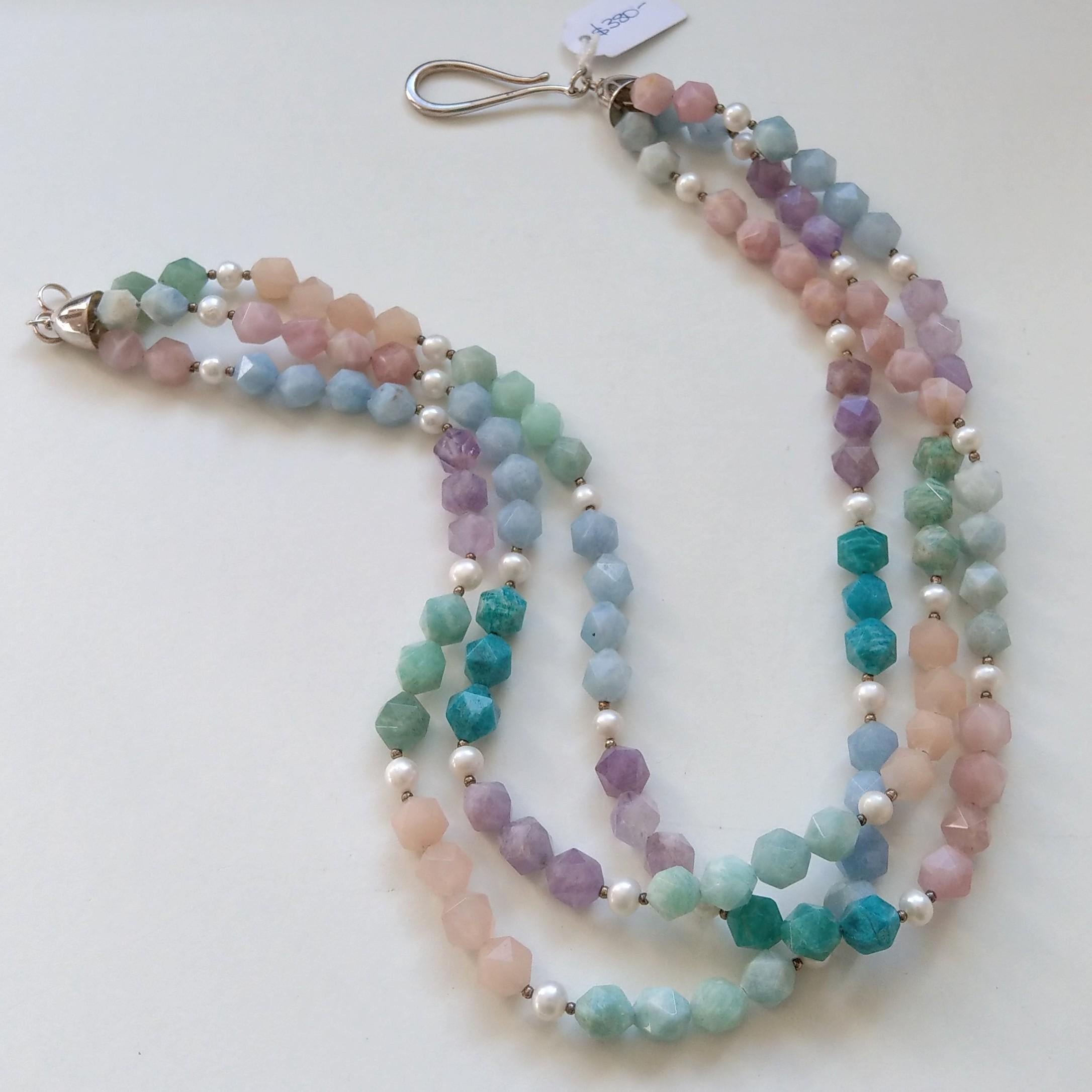 Decadent Jewels Amazonite Morganite Blue Lace Amethyst Pearl Silver Necklace In New Condition In Sydney, AU