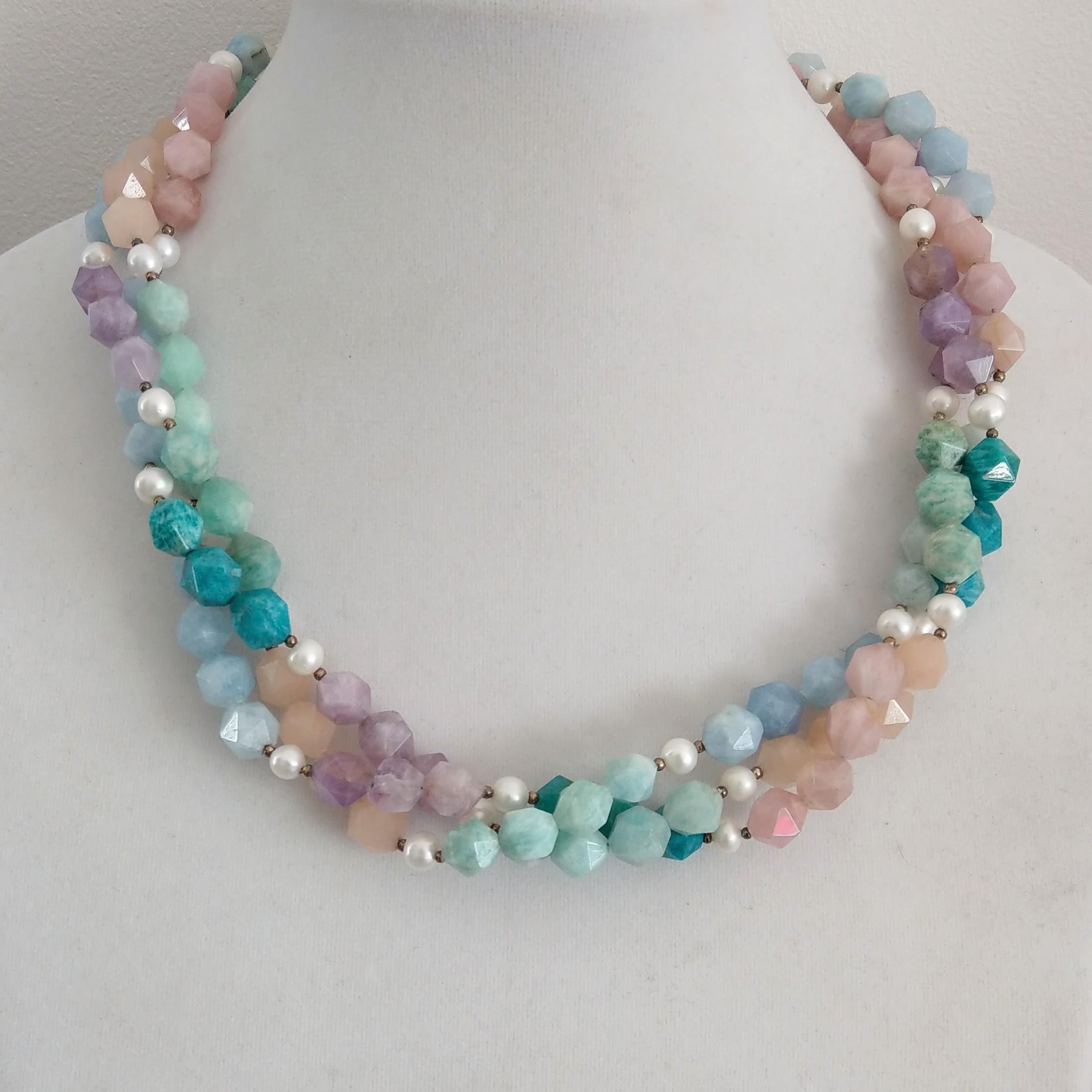Women's or Men's Decadent Jewels Amazonite Morganite Blue Lace Amethyst Pearl Silver Necklace