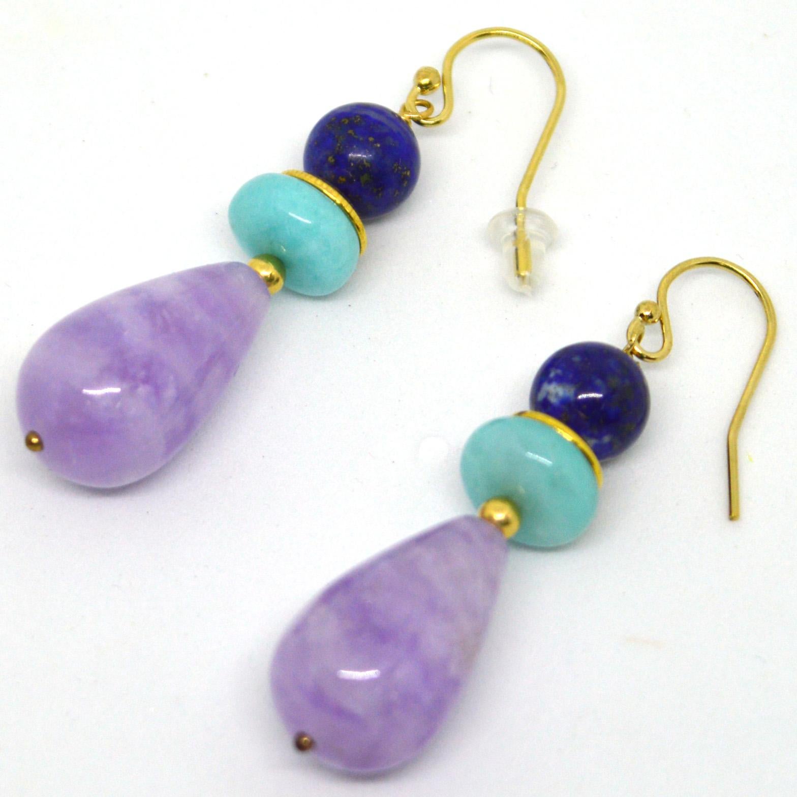 Bright contompary gemstone earrings, craeted from polished teardrops of Cape Amethyst 12x20mm, with natural Afghan Lapis Lazuli 8mm and polished Peruvian Amazonite 10x5mm with 14k gold filled headpin, Cap and Sheppard

Total length of earrings is